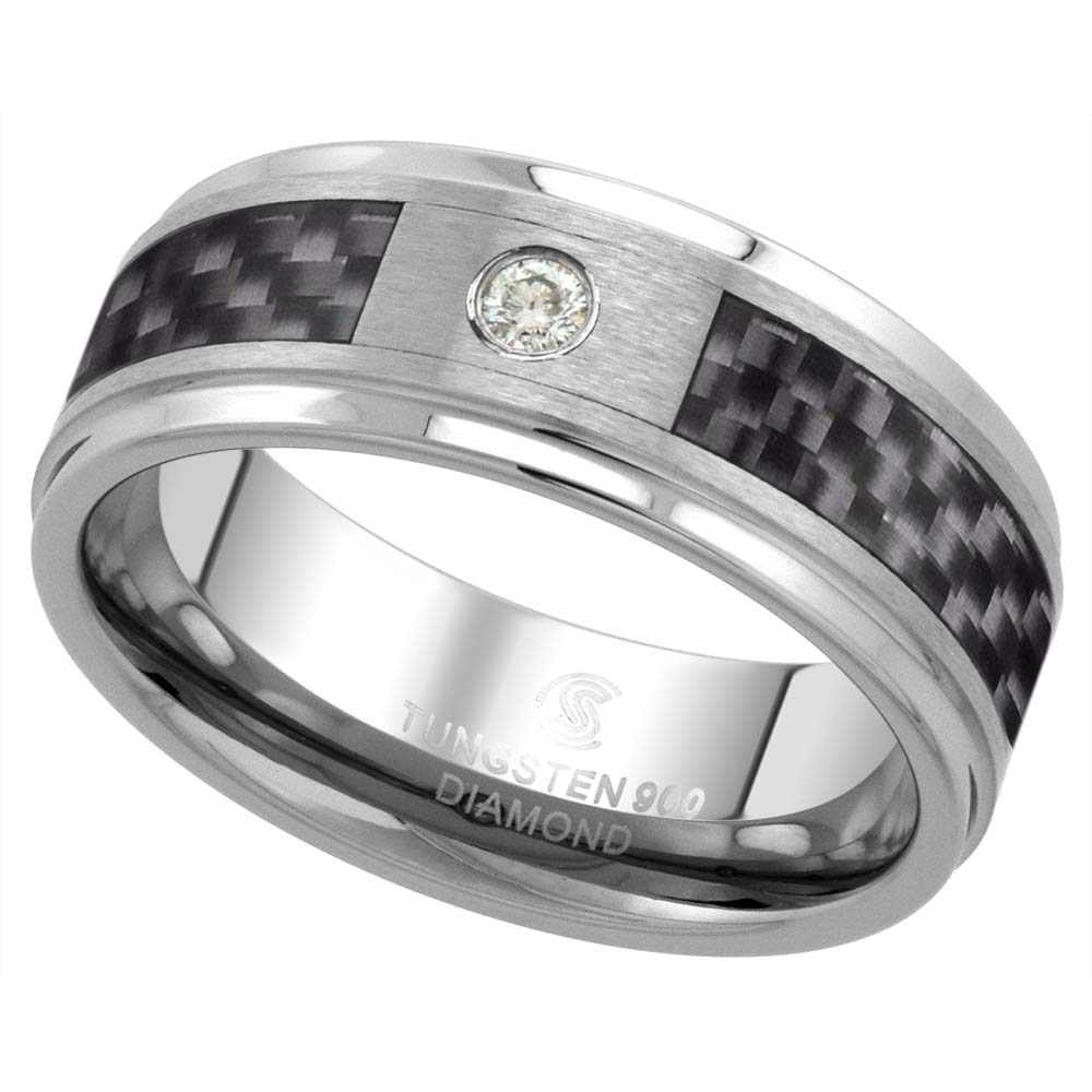 8mm & 6mm Tungsten Diamond Wedding Band for Men & Women - Black Carbon Fiber Inlay, Beveled Edges, Comfort Fit (Sizes 4-13) - Perfect for Anniversary Gifts, Couple Rings & Everyday Wear