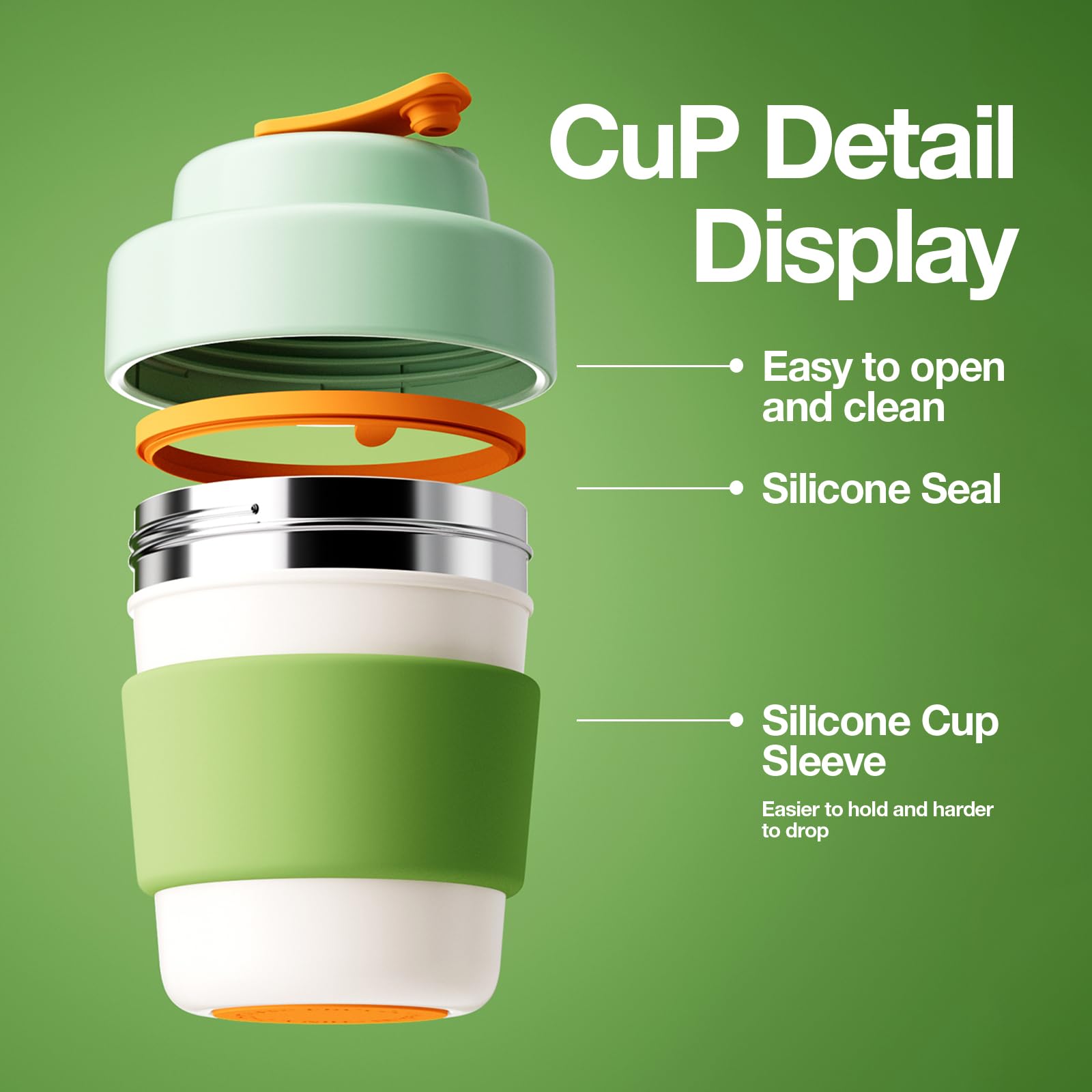 Vacuum Insulated Travel Coffee Mug - 14oz Double Wall Stainless Steel, BPA Free, Leak Proof with Green Lid - Perfect for Commuting, Camping & Office Use