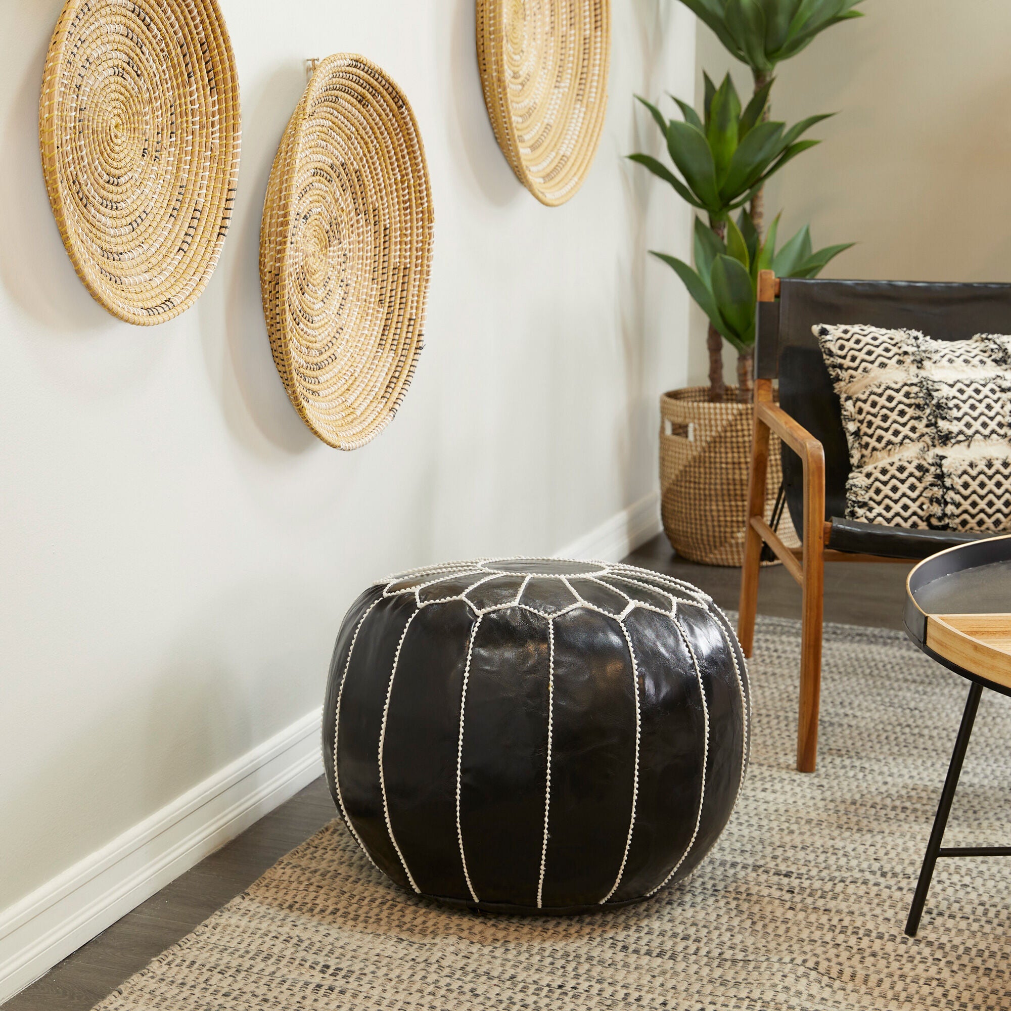 Handmade Moroccan Leather Pouf Ottoman - Boho Chic Floor Seating & Footrest for Living Room, Bedroom, or Nursery Decor