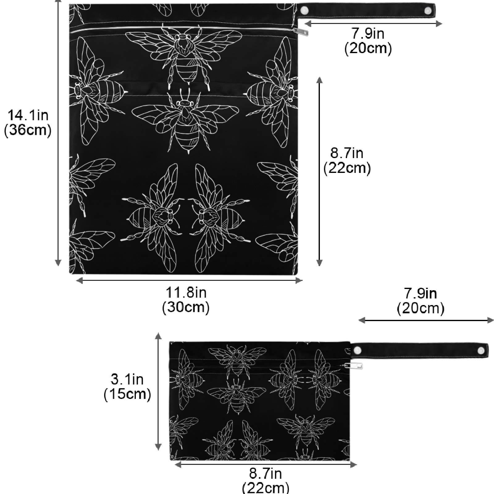 Visesunny Black Bee Doodle 2-Pack Waterproof Wet Bags with Zippered Pockets - Reusable & Washable Storage for Travel, Beach, Pool, Gym, Daycare - Perfect for Wet Swimsuits, Dirty Clothes, Diapers & Toiletries - Ideal for Strollers, Sports & Outdoor Activities