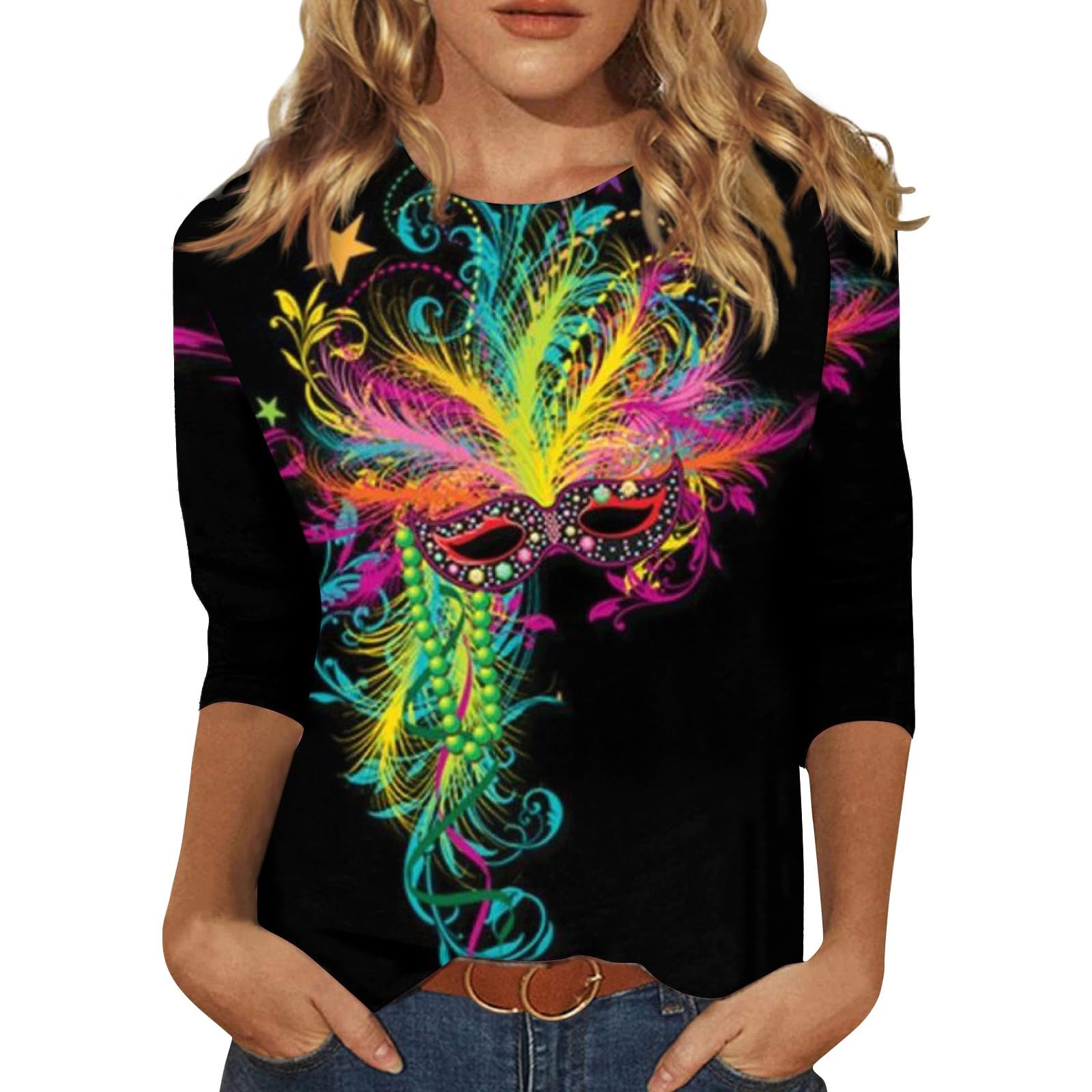 Women's 3/4 Sleeve Crewneck T-Shirt - Cute Casual Printed Summer Top - Trendy Pullover for Everyday Wear, Office & Weekend Outings