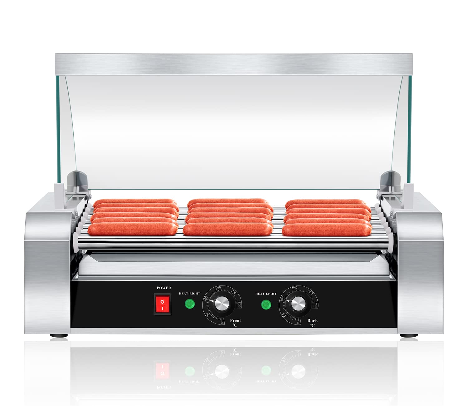 Premium SYBO Hot Dog Roller Machine - 18 Hot Dog Capacity, 7 Non-Stick Stainless Steel Rollers, 1000W Commercial Grill with Detachable Glass Cover (ETL Certified) - Perfect for Restaurants, Food Trucks, Carnivals & Home BBQs