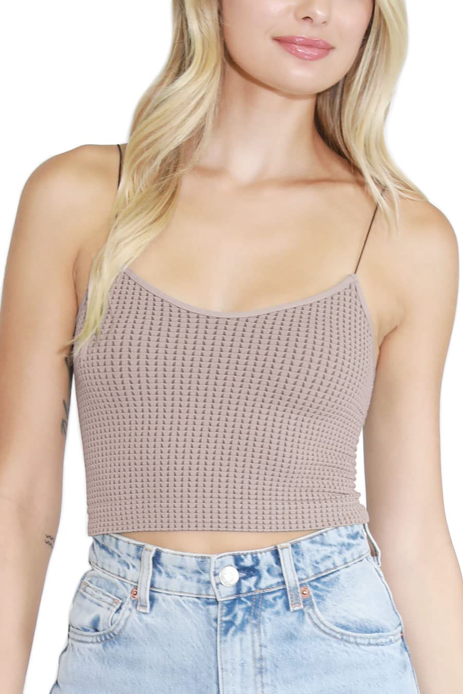 NIKIBIKI Women's Seamless Waffle Crop Top Cami - Soft Comfortable Stretchy Tank Top - Made in USA - One Size Fits Most - Perfect for Yoga, Gym & Casual Wear