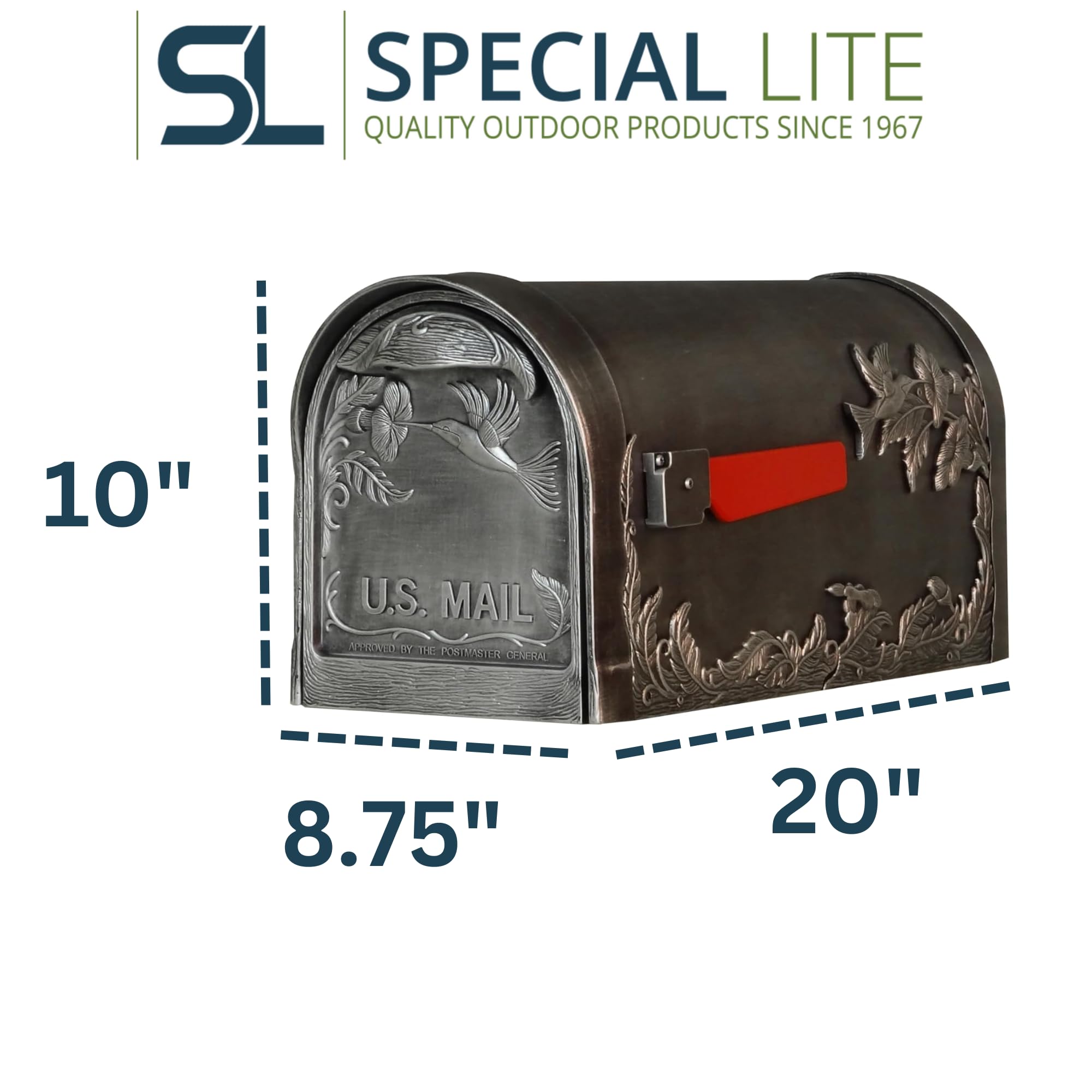 Special Lite SCB-1005-SW Swedish Silver Aluminum Hummingbird Curbside Mailbox - Durable Post Mount Mailbox for Home & Garden - Perfect for Residential Mail Delivery & Curb Appeal Enhancement