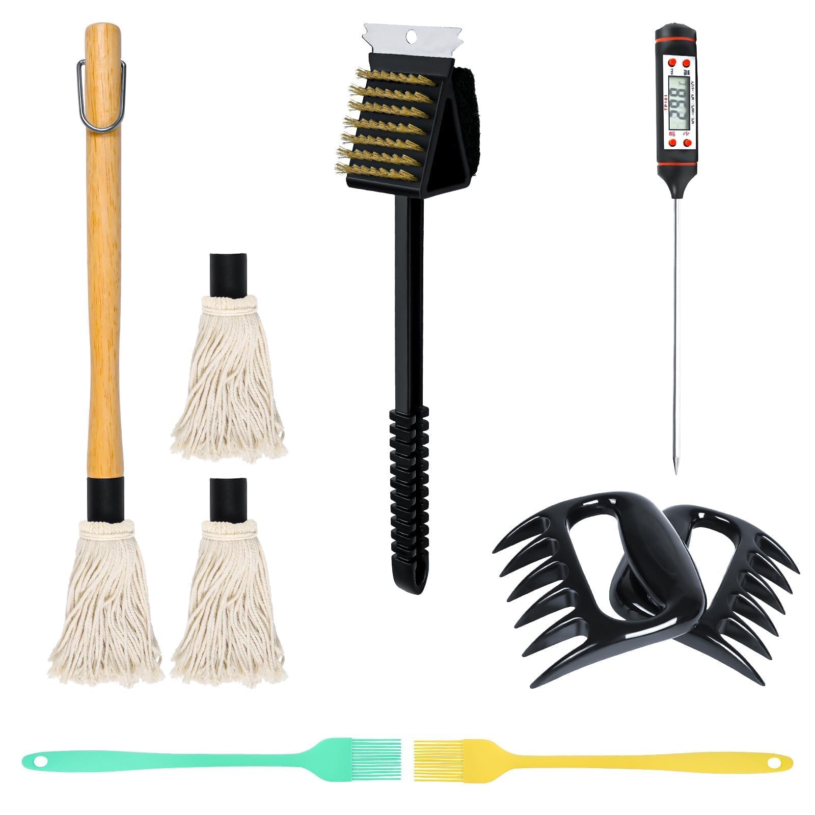 Premium BBQ Mop & Grill Brush Set - 10-Piece Stainless Steel Outdoor Grilling Tools Kit for Backyard, Camping & Tailgating | Heavy-Duty Basting Brush, Scraper & Cleaning Accessories
