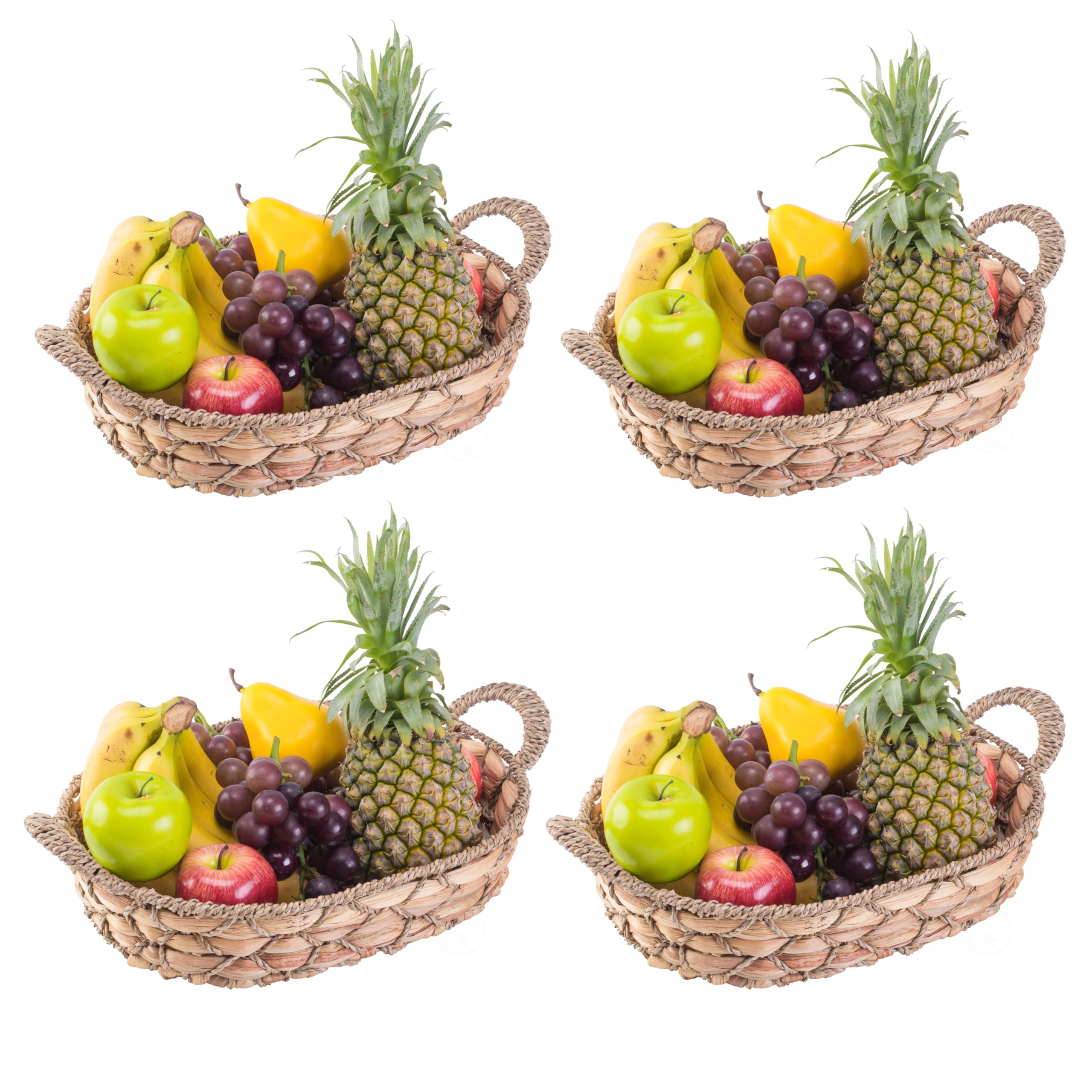 Vintage Seagrass Bread Basket with Handles - Set of 4 Medium Woven Fruit Trays for Kitchen, Dining Table, Picnic & Party Serving | Farmhouse Home Decor