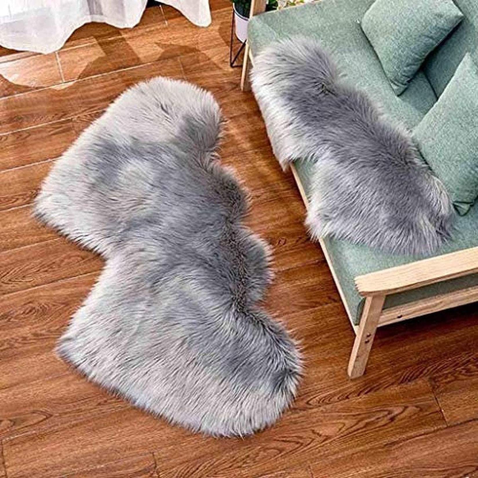 Modern Fluffy Faux Fur Area Rug - 2'x4' Anti-Skid Double Heart Shaped Plush Carpet for Kids Bedroom, Nursery & Playroom - Soft Shaggy Fuzzy Rug (Grey, 35x70cm/14