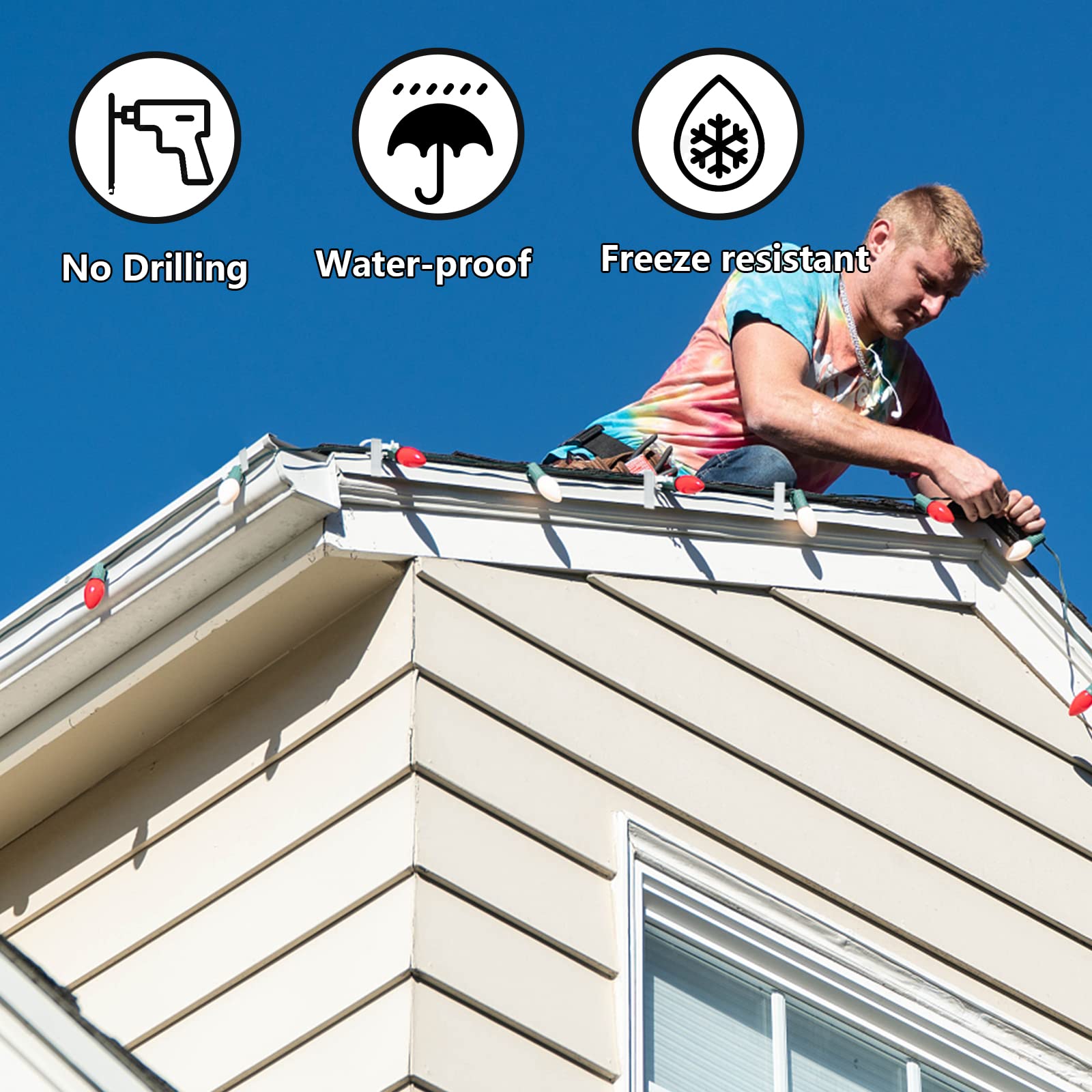 100PCS Christmas Light Clips for Fascia Board & Deck Banister - Heavy Duty Plastic Hangers for Indoor/Outdoor Holiday Lights (Fits 3/4''-7/8'' Thickness) - Perfect for Roof, Gutters & Railings