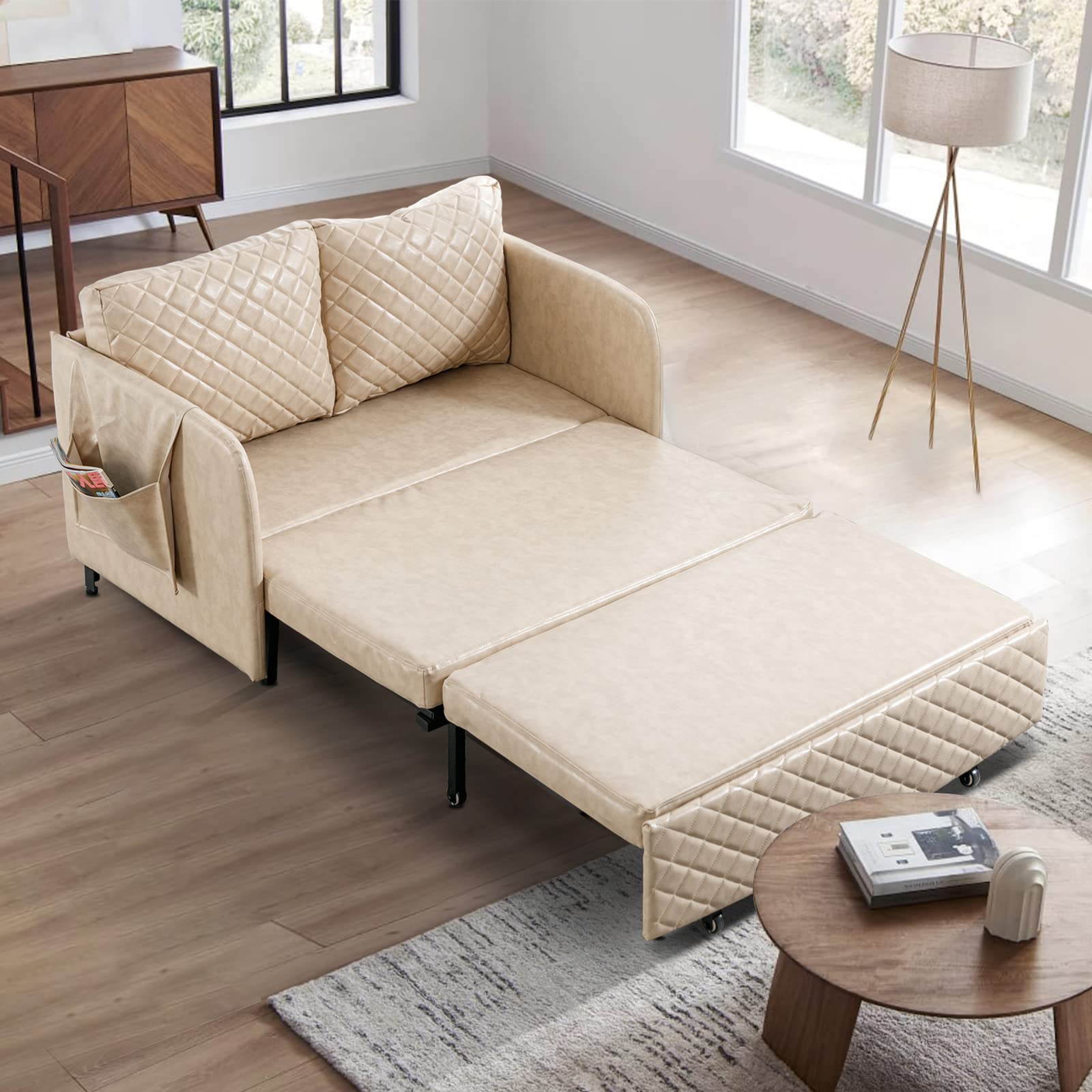 Antetek 46-inch Faux Leather Sleeper Sofa Bed - Convertible Loveseat Couch with Pull-Out Bed & Detachable Side Pocket | Compact Single Bed for Small Spaces | Perfect for Living Room, Office, Guest Room & Studio Apartments (Camel Color)