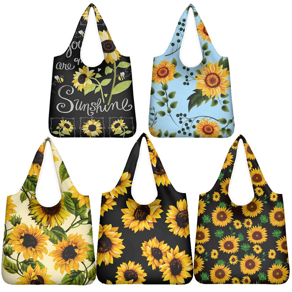 WELLFLYHOM Reusable Grocery Bags Set of 5 - Foldable, Washable & Sturdy Shopping Totes with Pouch | Sunflower Cute Design for Women | Perfect for Groceries, Shopping, Beach & Gift Giving