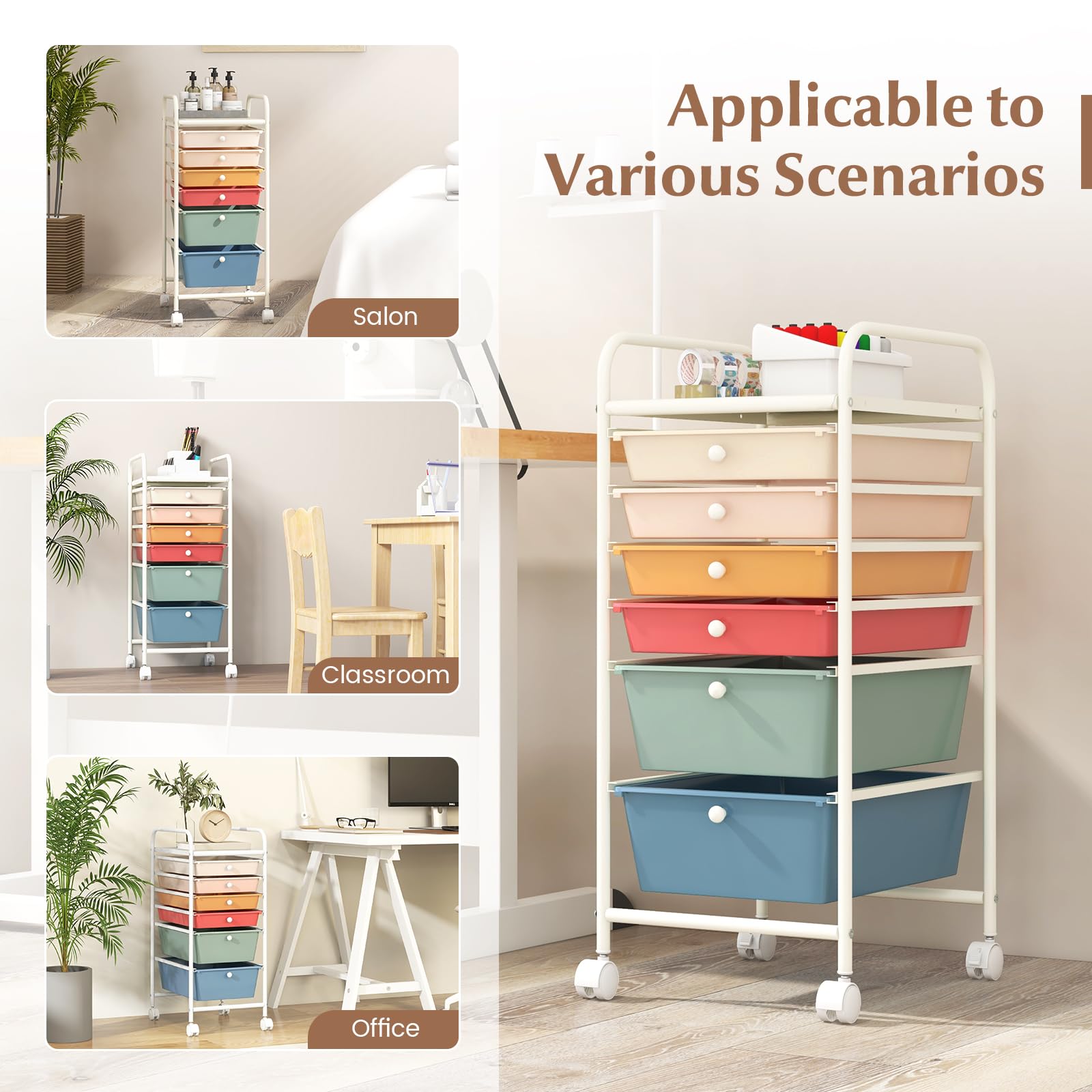 RELAX4LIFE 6-Drawer Rolling Storage Cart with Removable Plastic Bins - Mobile Utility Organizer for Classroom, Office, Craft Room & Home | Rolling Art Supply Cart, School Paper Organizer, Teacher Storage Cart (Macaron) - Perfect for School Projects, Office Supplies & Home Organization