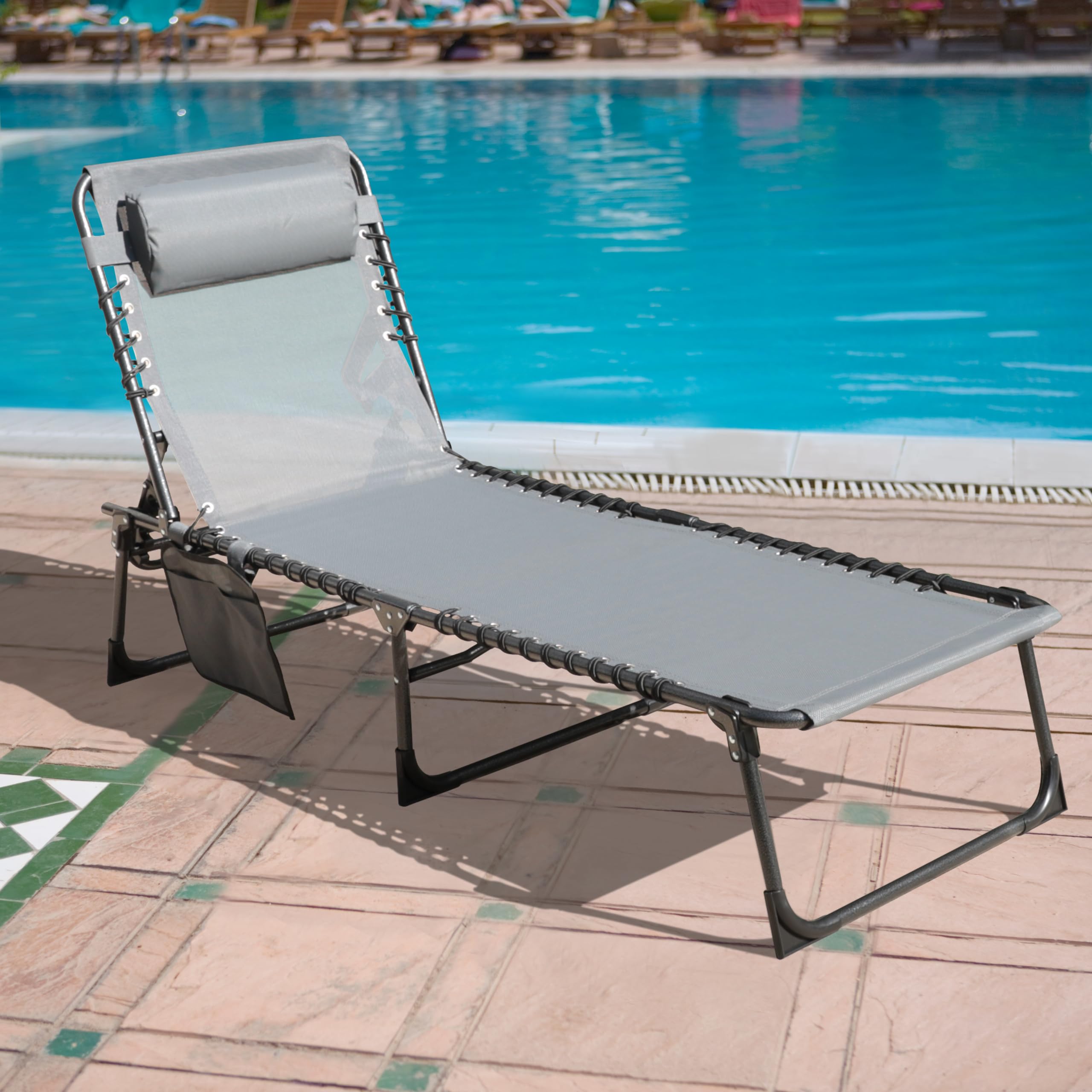 VEIKOU 5-Position Adjustable Chaise Lounge Chair - Upgraded Folding Outdoor Sun Lounger for Patio, Pool, Beach & Lawn - Deep Grey - Perfect for Sunbathing, Relaxing & Outdoor Lounging