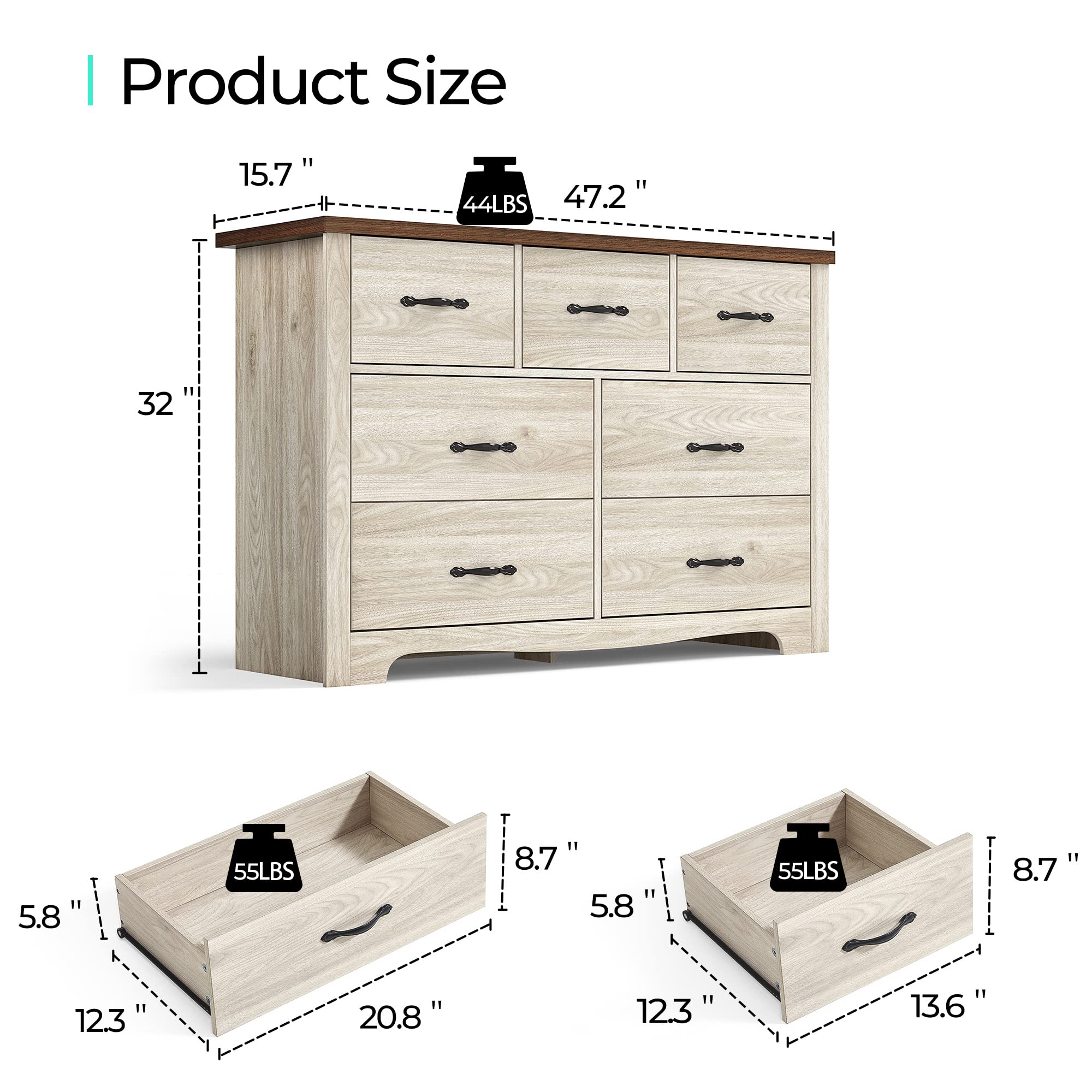 LINSY HOME 7-Drawer Double Dresser - SGS Certified Solid Wood Bedroom Dresser with Wide Drawers, Farmhouse Style Storage Chest for Bedroom & Living Room - Perfect for Organizing Clothes, Linens, and Home Decor