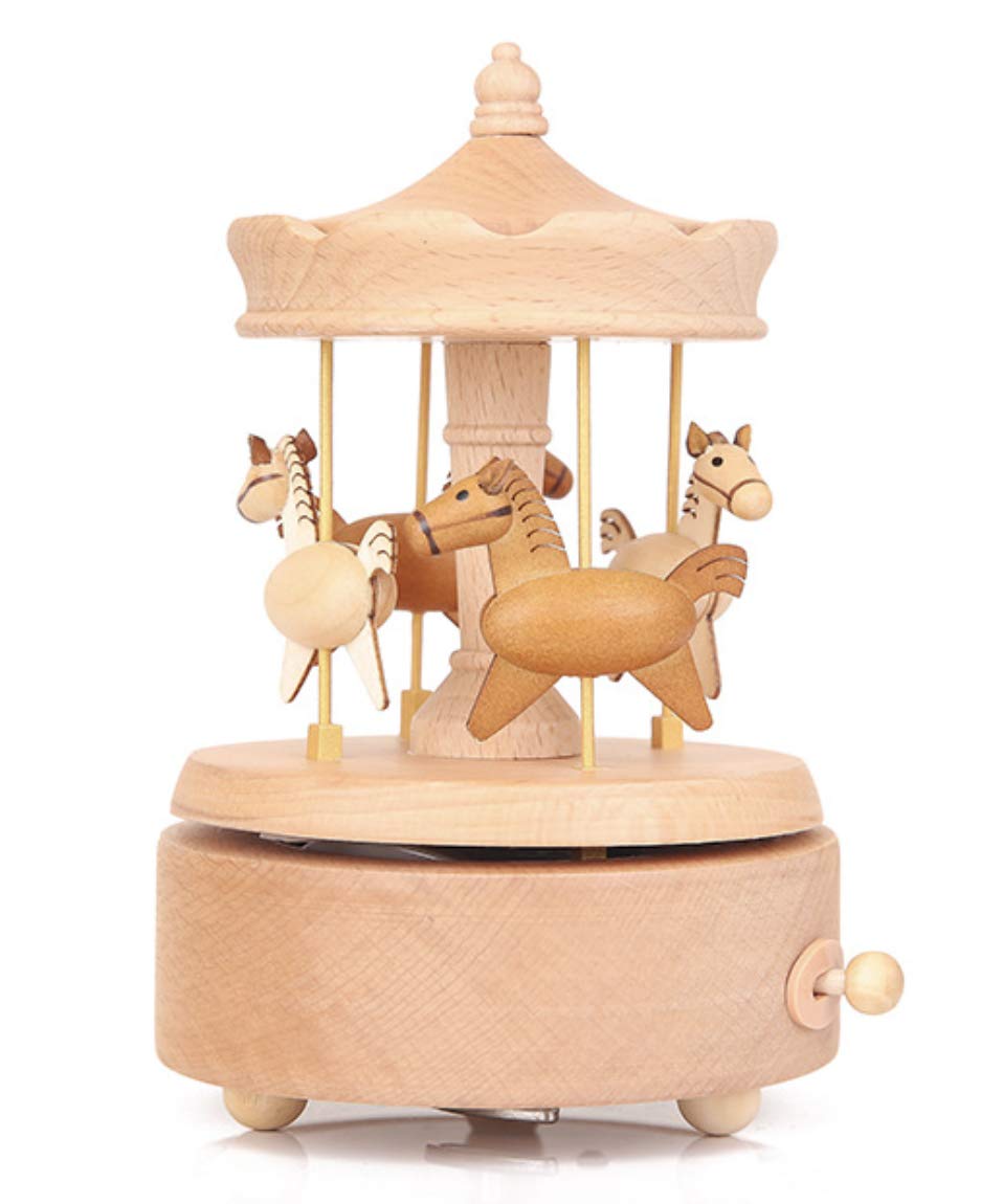 Wooden Carousel Music Box with Handcrafted Horse - Elegant Christmas & Birthday Gift for Girls & Women - Battery-Free Home Decor for Bedroom, Nursery & Living Room