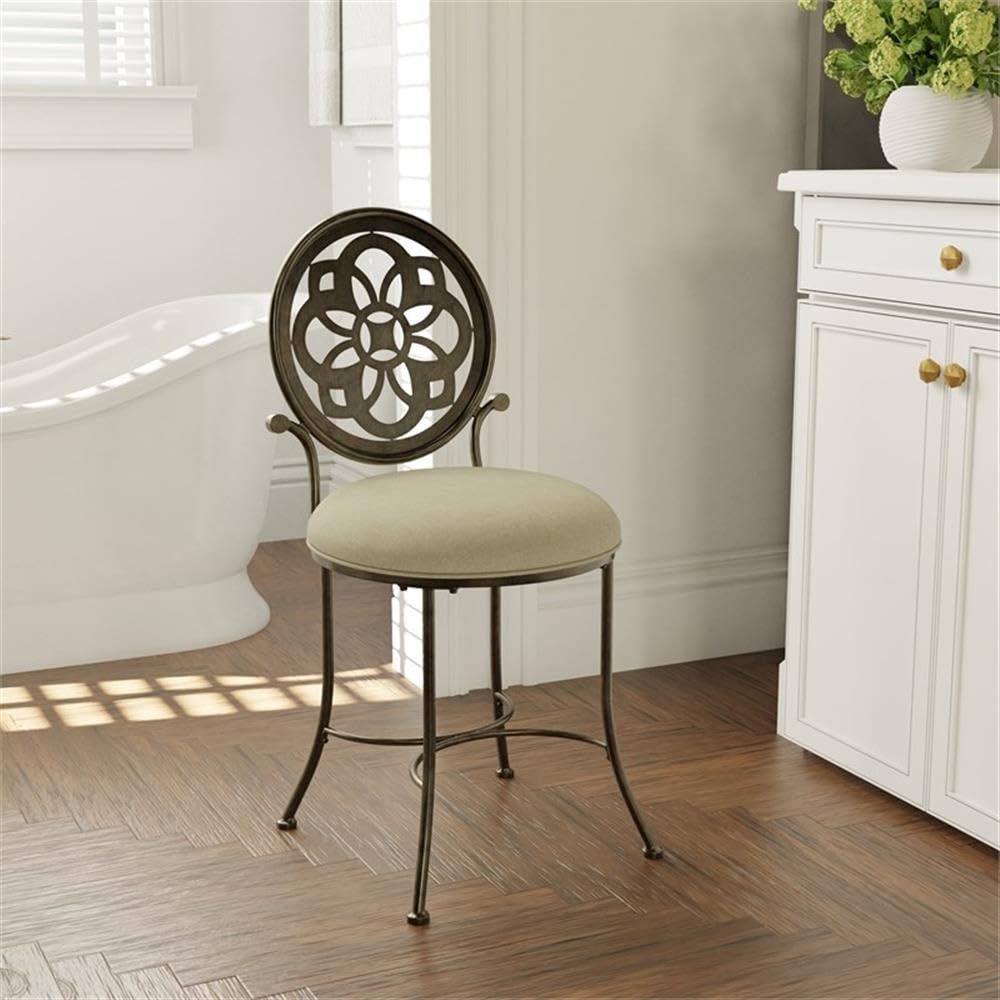 Hillsdale Marsala Metal Vanity Stool with Circular Geometric Back Design - Gray Makeup Stool for Bathroom, Dressing Room & Bedroom Decor | Perfect for Vanity, Makeup Area & Home Decor