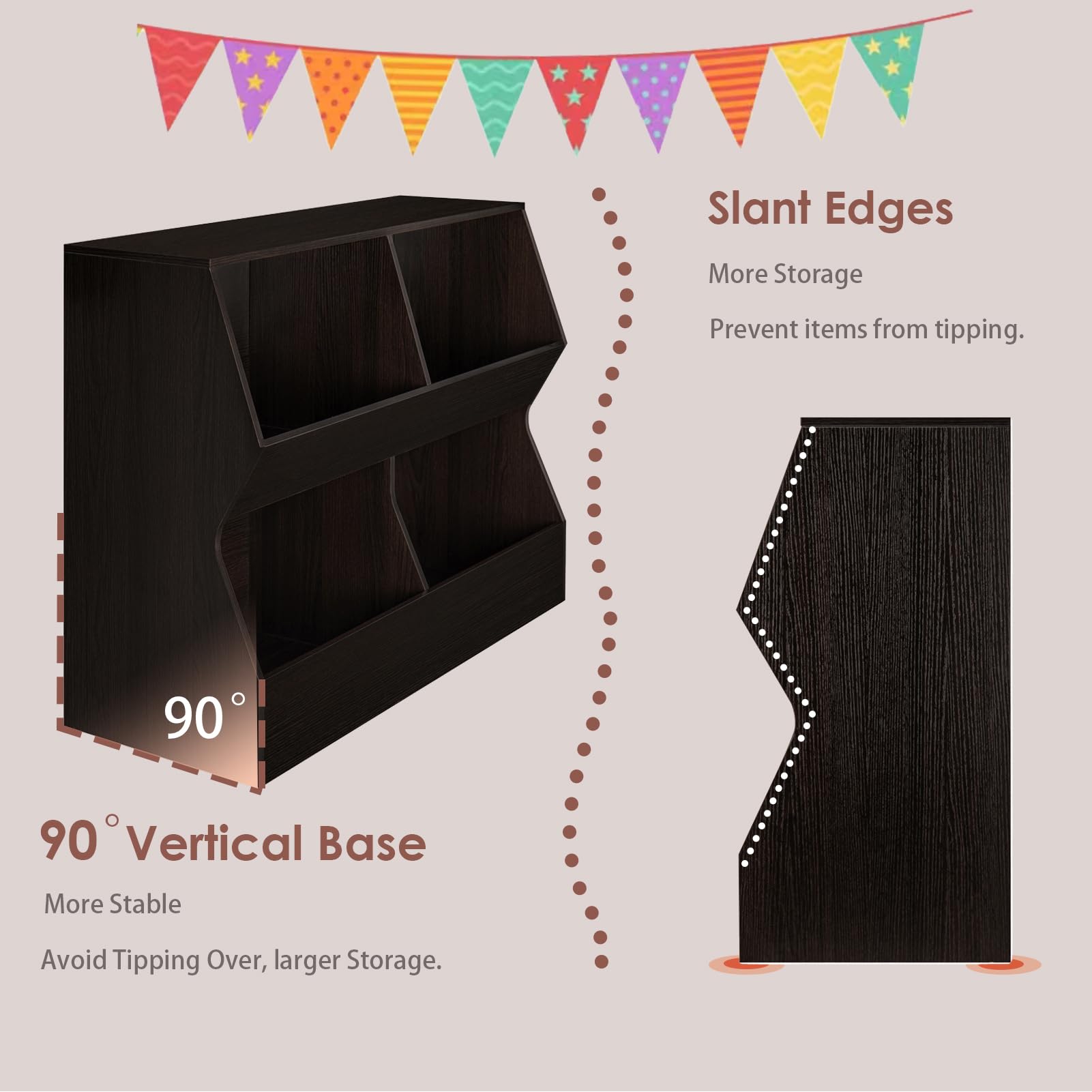 DINZI LVJ 2-Tier Wooden Bookshelf - 4 Cubby Toy Storage Organizer for Bedroom, Nursery, Hallway & School - 39.4 Inch Long - Perfect for Kids' Room Organization & Home Decor