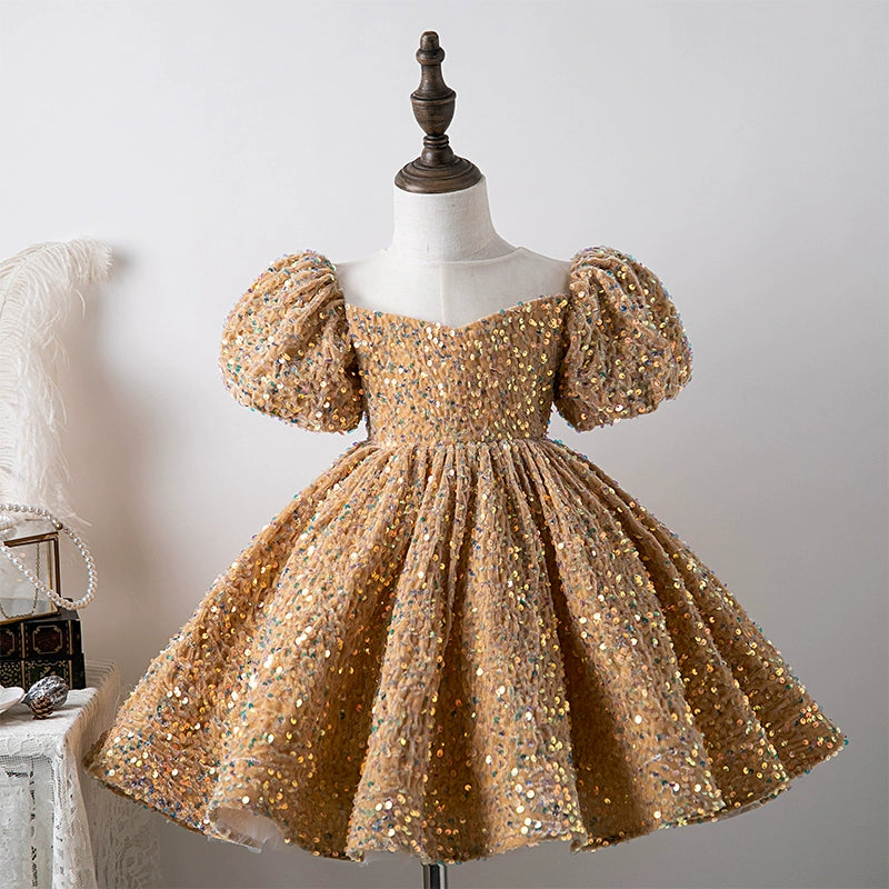 Gold Princess Round Tea Length Sequined Flower Girl Dress for Weddings, Pageants & Special Occasions