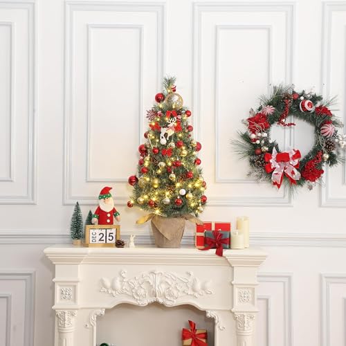 GARVEE 3 Ft Pre-Lit Artificial Christmas Tree with 70 Warm White LED Lights - Battery Operated Tabletop Mini Tree with Timer & Burlap Base - Perfect for Home, Office, and Holiday Decorations