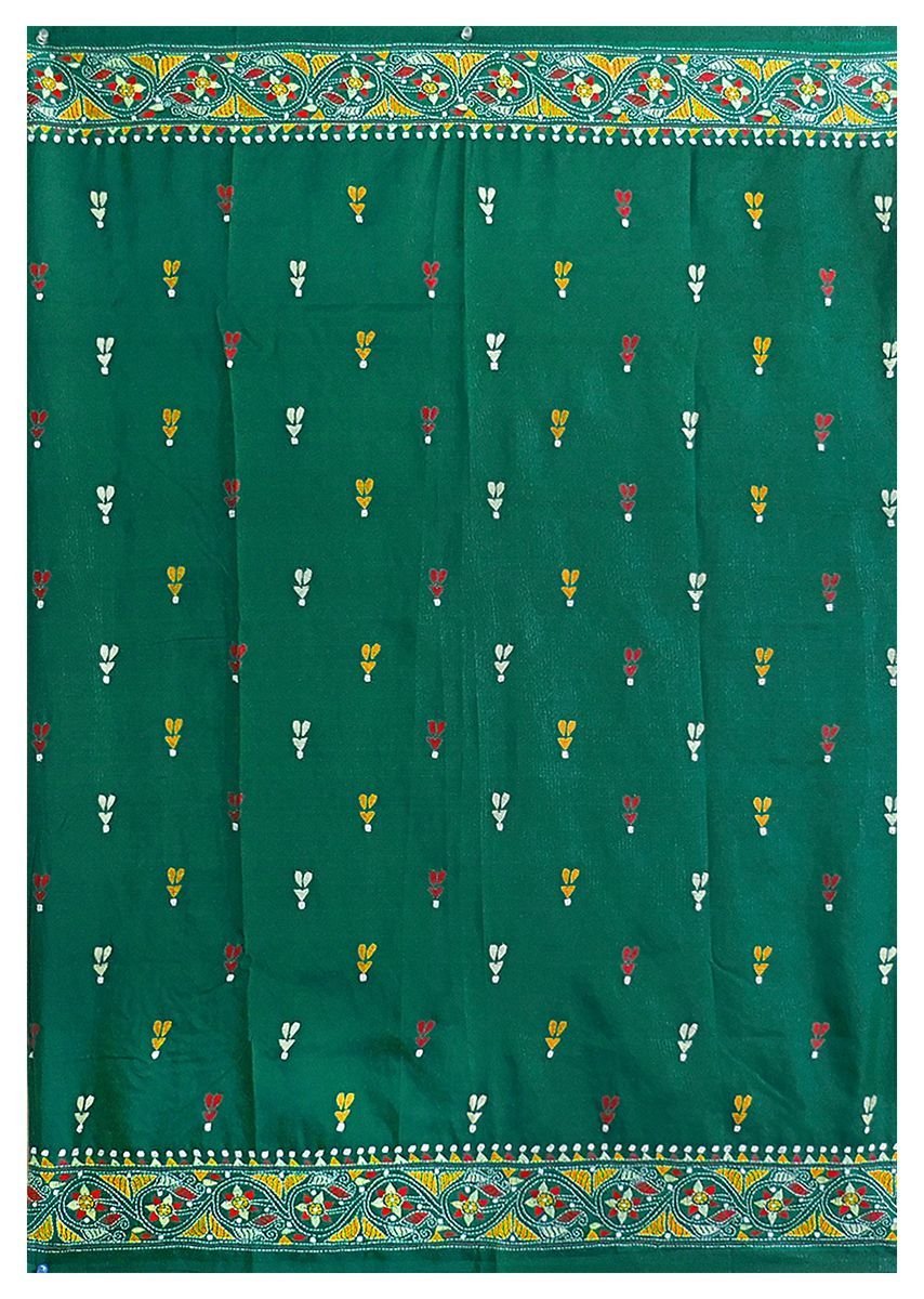 Elegant Cyan Green Pure Silk Saree with Handcrafted Kantha Stitch (RG24) - Perfect for Weddings, Festivals & Special Occasions