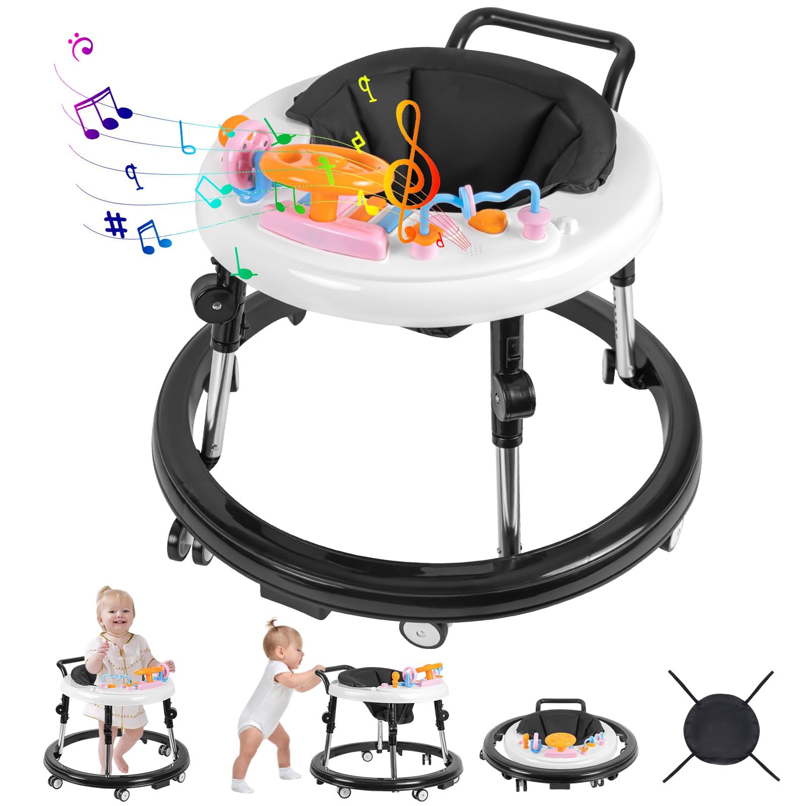 Foldable 9-Speed Adjustable Baby Walker with Wheels & Music - Anti-Fall Infant Activity Center with Foot Pads for Boys & Girls 6-24 Months - Perfect for Learning to Walk & Indoor Playtime