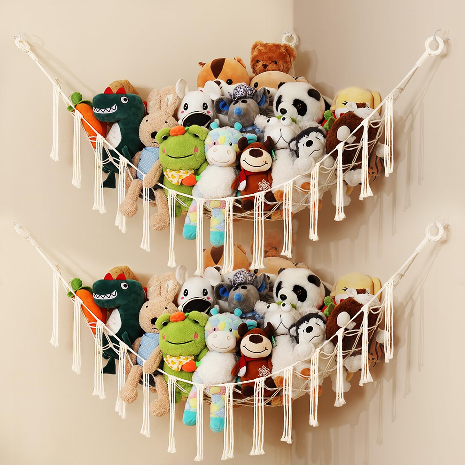 2 Pack Stuffed Animal Hammocks - Macrame Toy Storage Net for Plush Toys, Kids Room Organizer for Bedroom & Playroom - Perfect for Nursery Corner, Wall Mounted Plushie Display & Toy Organization