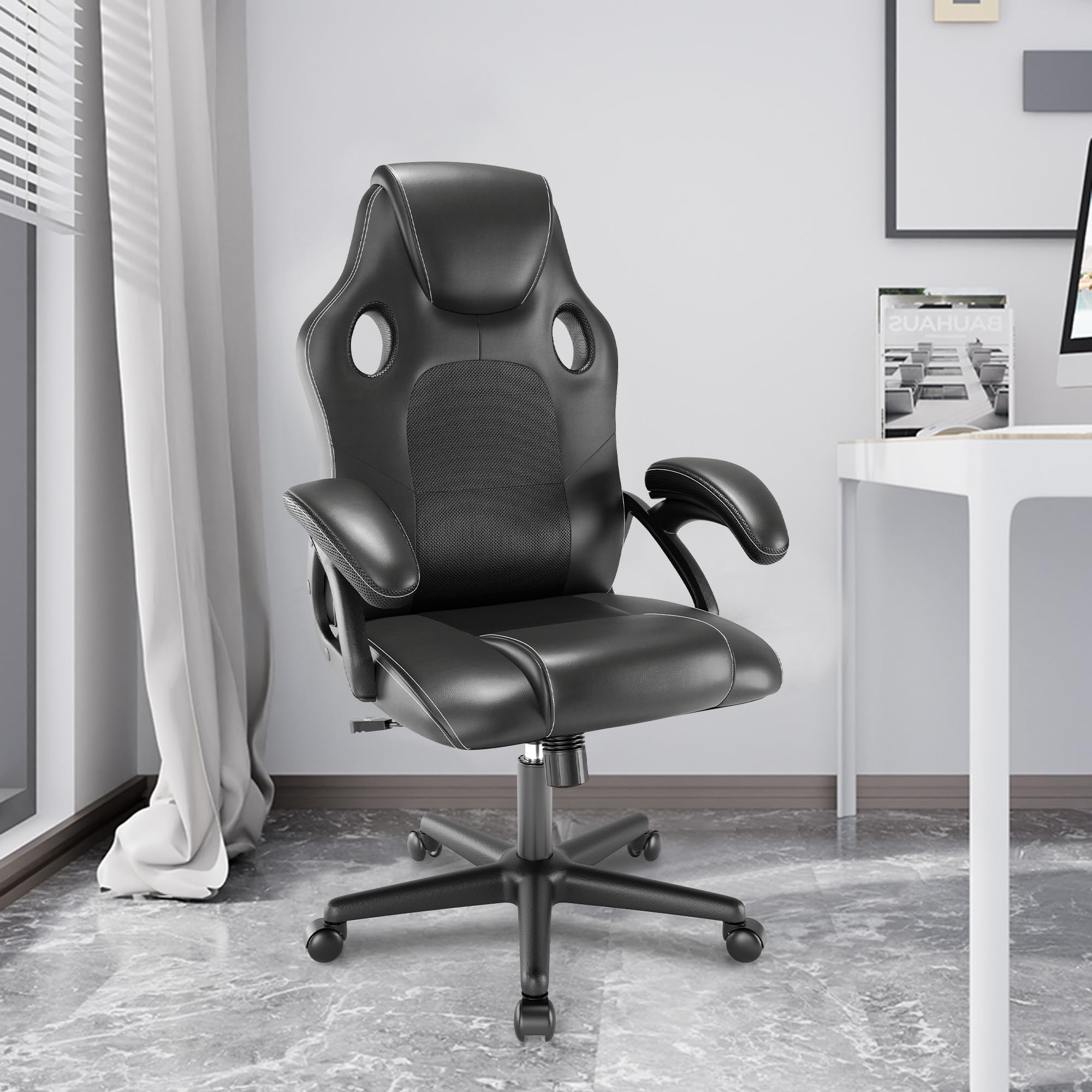 Ergonomic Gaming Chair - Black Leather Racing Style PC & Office Chair with Swivel Base for Computer Work & Desk - Perfect for Home Gaming, Work from Home & Office Use