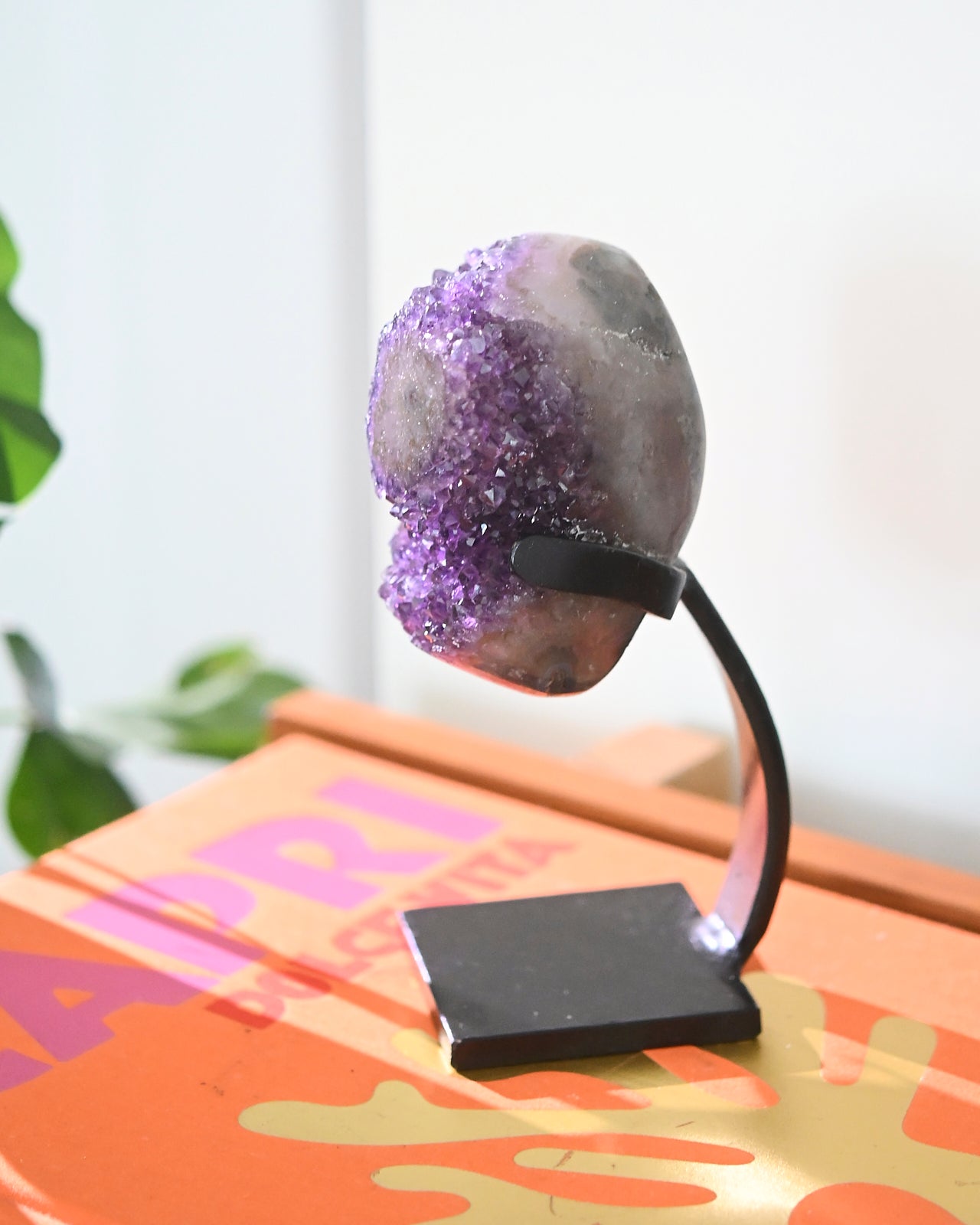Natural Amethyst Crystal Geode on Wooden Stand - 3lbs Healing Stone for Home Decor, Meditation & Spiritual Gifts