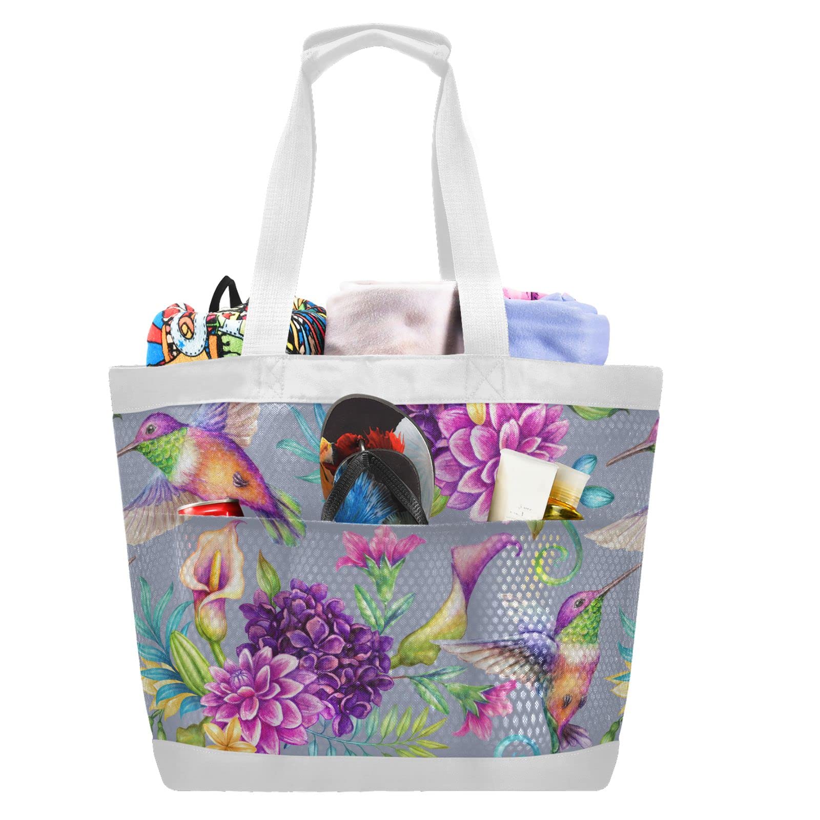 Hummingbird Flowers Waterproof Beach Bag - Large Mesh Tote for Travel, Pool, Gym & Yoga - Durable White Carryall for Summer Outings & Outdoor Activities