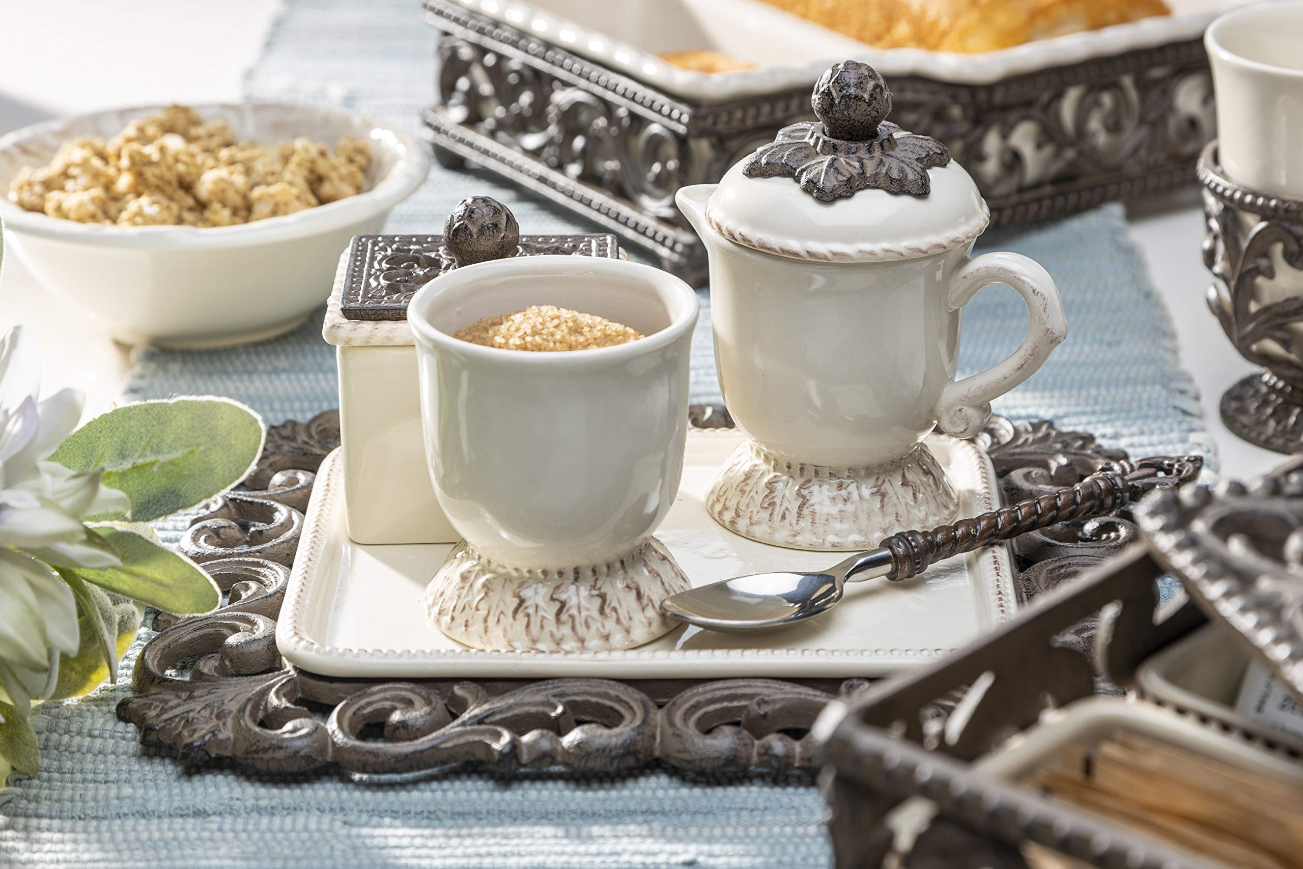 Elegant Cream Ceramic Tea Box with Sectioned Compartments & Acanthus Leaf Metal Accent - Perfect for Tea Storage, Gift Giving, and Kitchen Organization