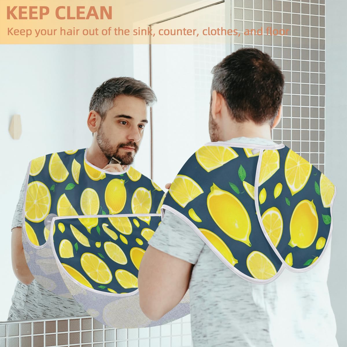 Lemon Fruit Print Beard Shaving Bib for Men - Waterproof Hair Dye Apron & Makeup Cape for Barbers, Stylists & DIY Haircuts - Sink Hair Catcher & Beard Trimming Accessory - Perfect for Home Grooming, Salon Use & Gift Giving