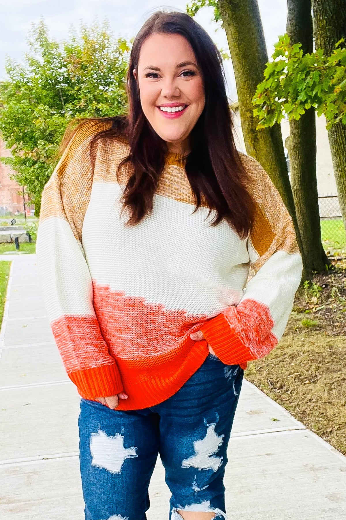 Cute Camel & Orange Color Block Sweater for Women | Cozy Knit Pullover | Perfect for Fall Outfits, Casual Wear & Holiday Gatherings