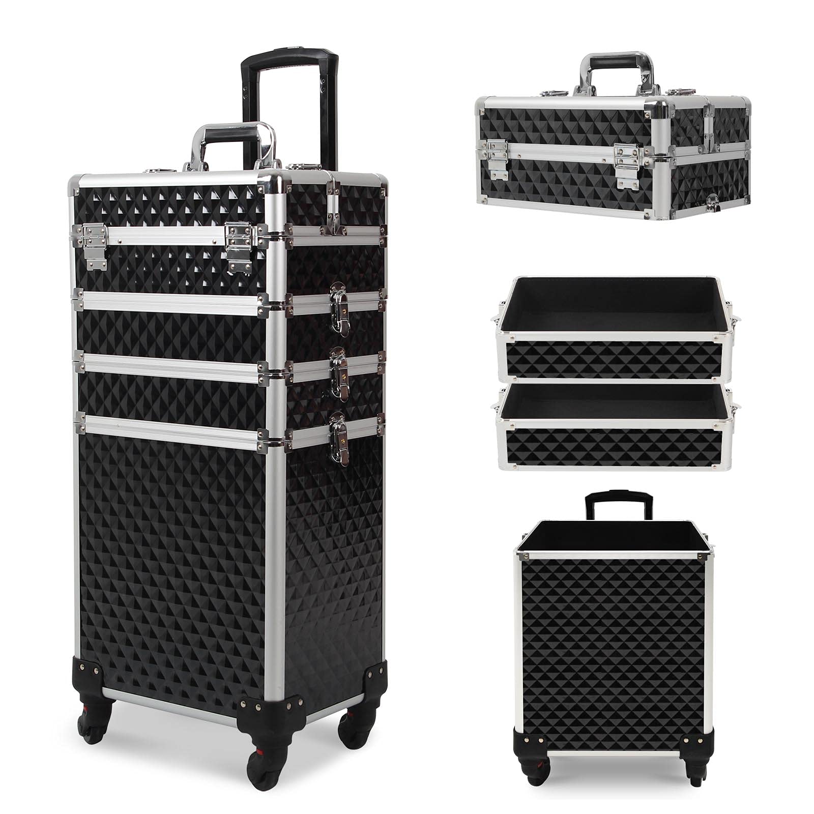 4 in 1 Professional Makeup Train Case with Large Storage - Lockable 4-Wheel Rolling Cosmetic Trolley with Diamond Surface (Black) | Perfect for Salon Professionals, Makeup Artists & Travel Organization