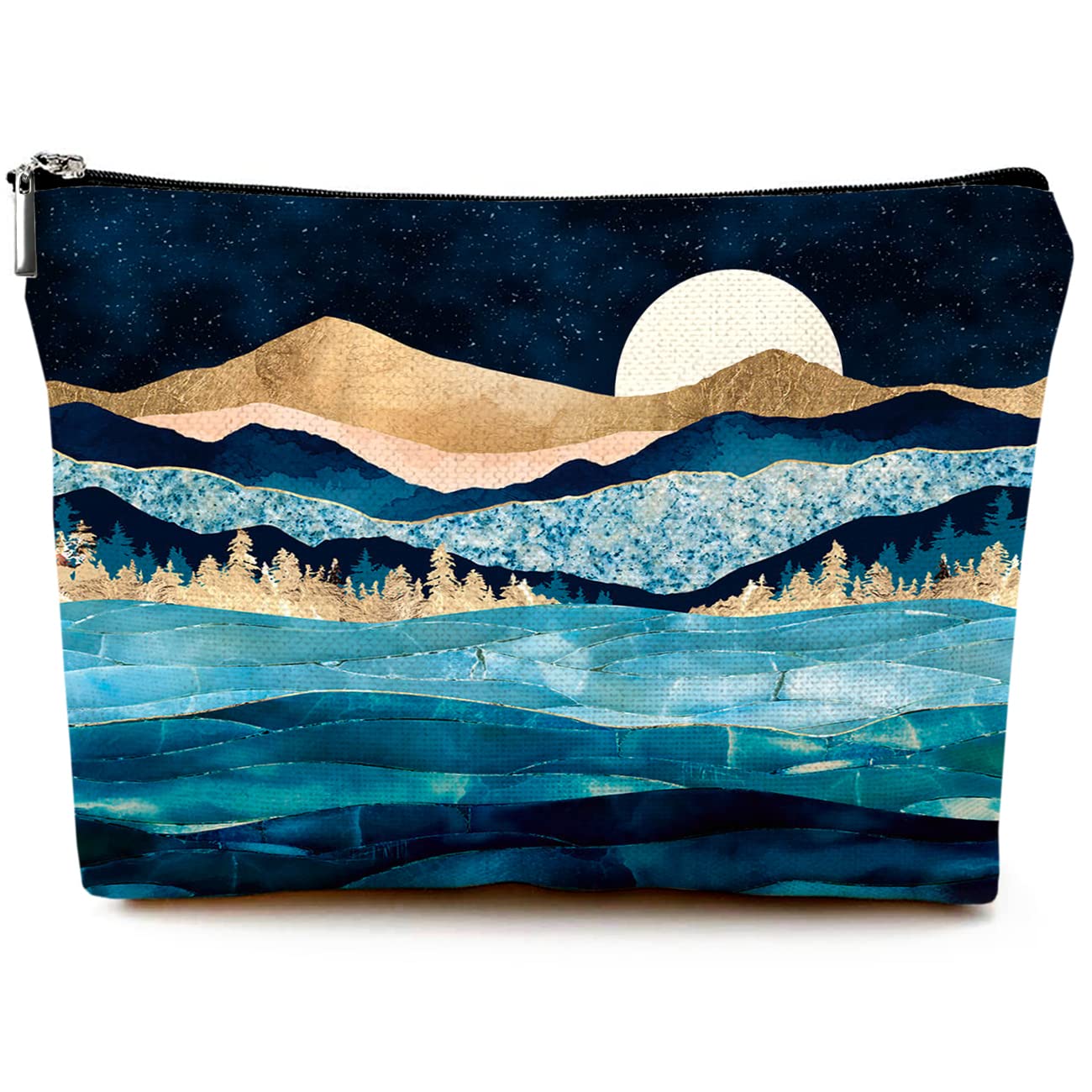 Waterproof Canvas Makeup Bag for Women - Cute Cosmetic Travel Pouch with Zipper, Funny Toiletry Organizer for Purse (Mountain Moon Lake Design) - Perfect for Travel, Gym & Daily Essentials Storage