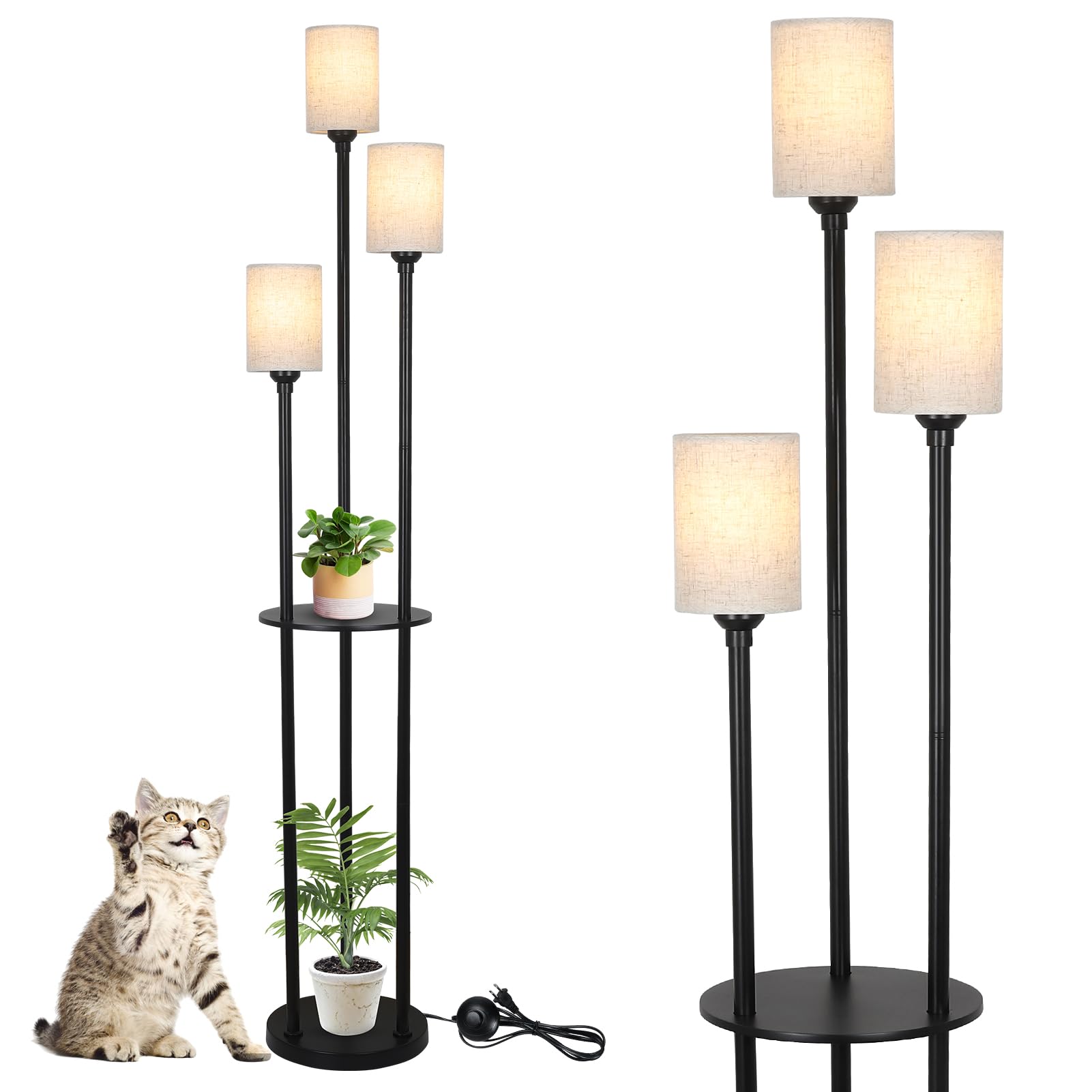 Modern 3-Light Floor Lamp with Shelves & Linen Shade - Industrial Standing Lamp for Living Room, Bedroom & Office - Adjustable Height with Foot Switch (Black) - Perfect for Reading, Working & Home Decor