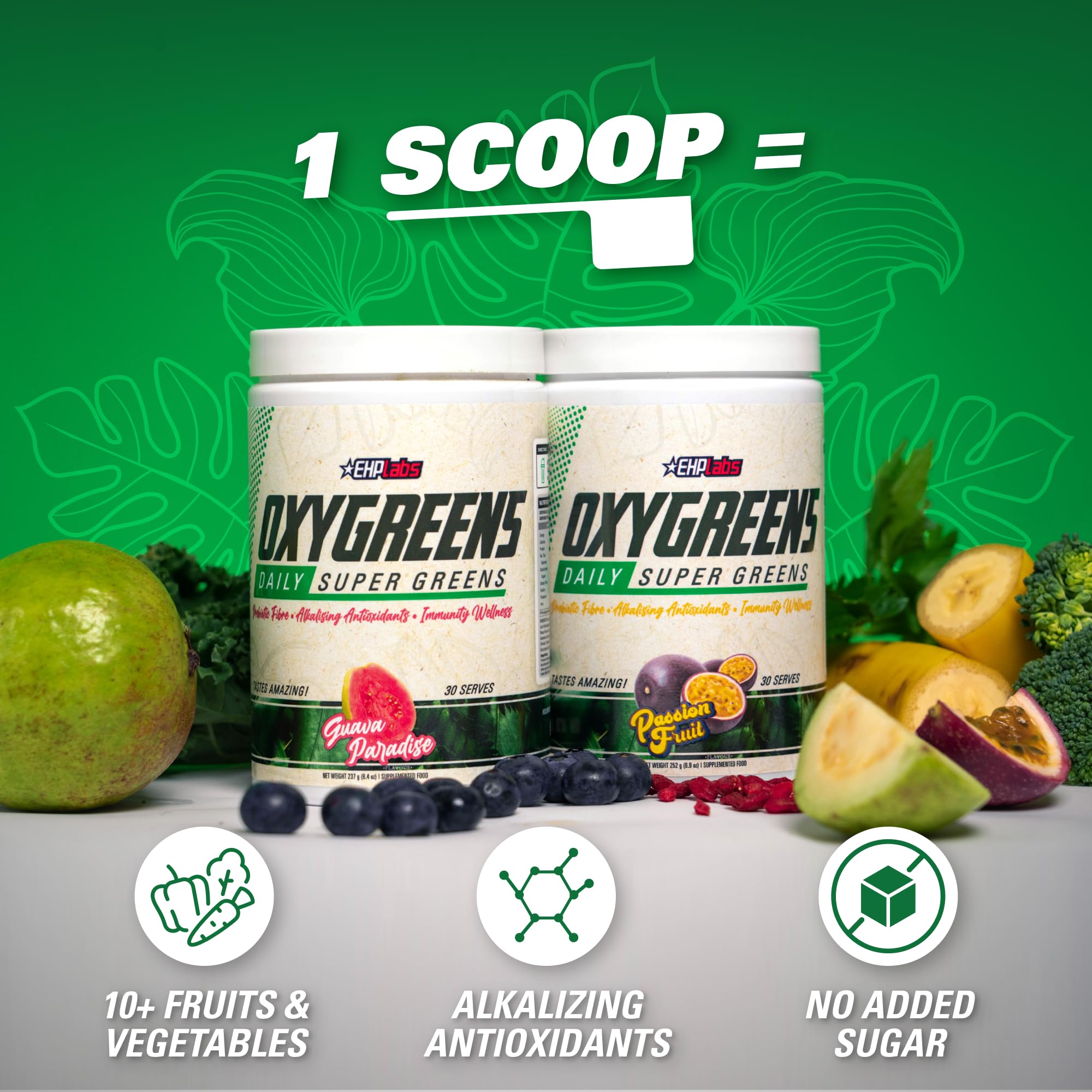EHP Labs OxyGreens Super Greens Powder with Spirulina & Chlorella - Organic Superfood Supplement for Immunity, Digestion & Energy | Antioxidant-Rich Green Juice Powder with Prebiotic Fiber | 30 Servings (Passionfruit Flavor) | Perfect for Smoothies, Shakes & Daily Wellness Routine