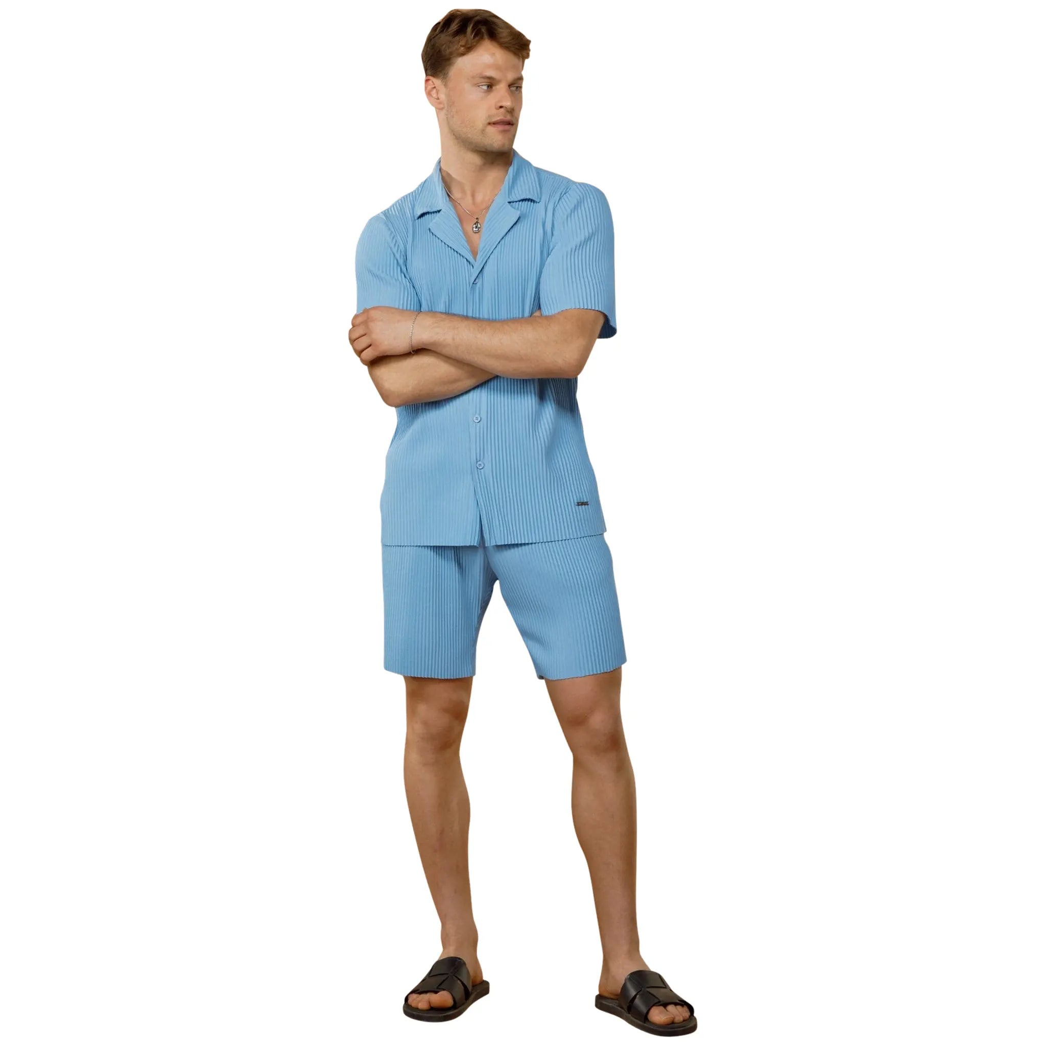 Belier Pleated Short Sleeve Light Blue Resort Shirt for Men - Casual Summer Beach Wear & Tropical Vacation Outfit
