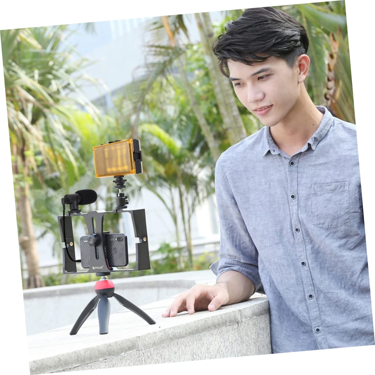 UKCOCO 1 Set Adjustable Phone Tripod Stand with Light & Microphone Holder - Desktop Mount for Live Streaming, Makeup Videos, Photography & Video Calls - Perfect for Content Creators, Vloggers & Home Office