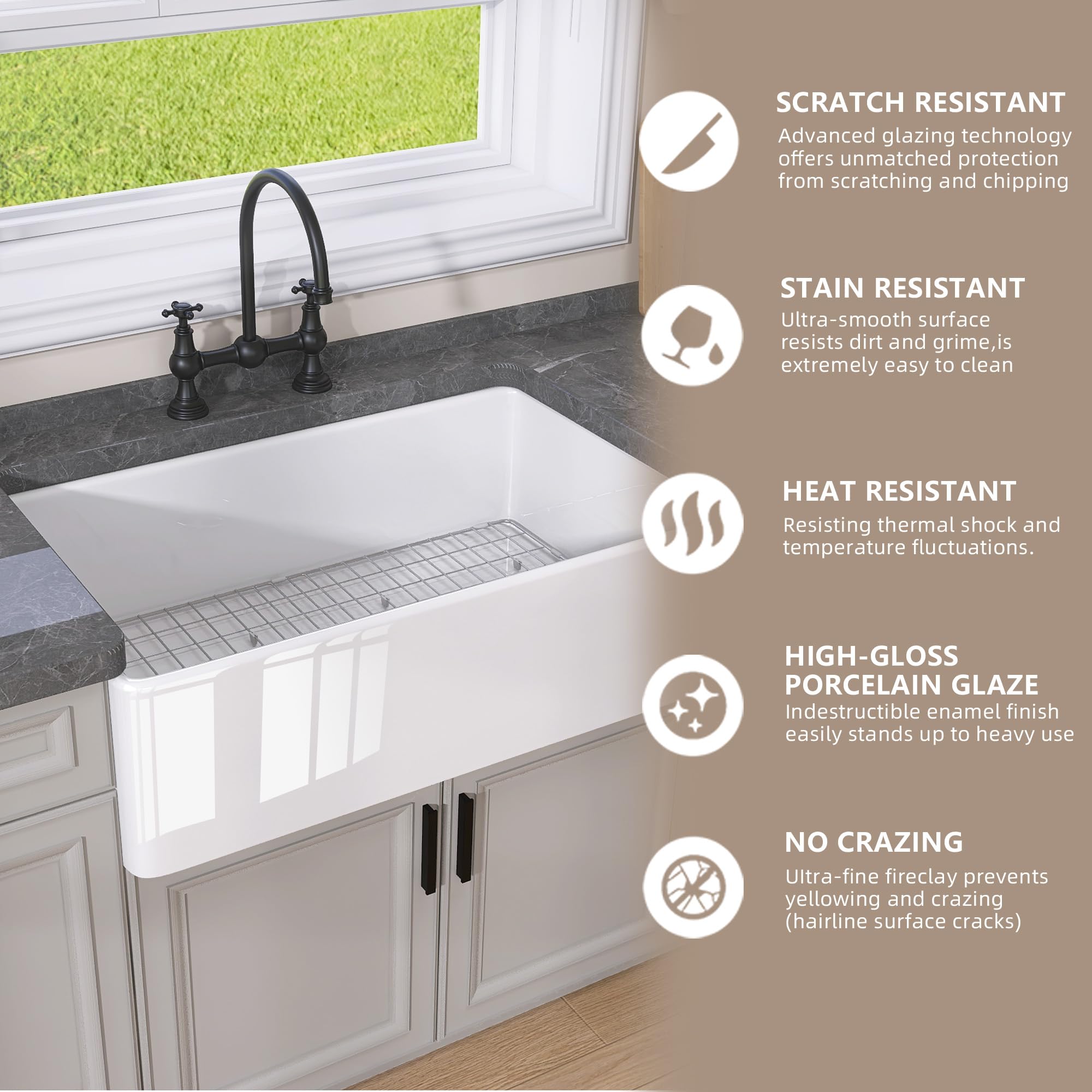 GETPRO 33 Inch White Fireclay Farmhouse Sink - Undermount Apron Front Single Bowl Kitchen Sink with Accessories - Perfect for Modern Farmhouse, Rustic, and Country Style Kitchens