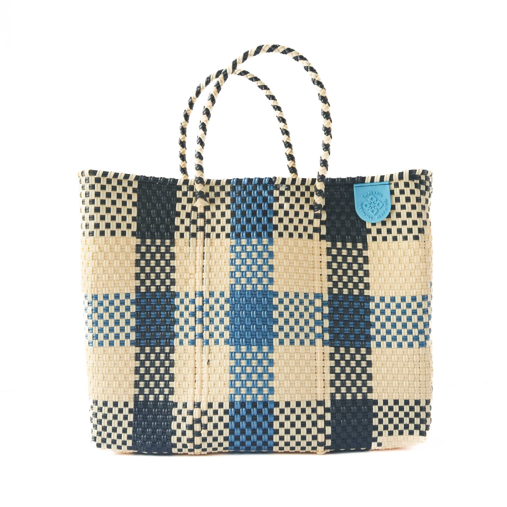 Eco-Friendly Cabo Medium Woven Crossbody Bag with Detachable Mesh Pouch - Beige, Blue & Black Beach Tote | Recycled Plastic Mexican Artisan Purse | Perfect for Vacation, Resort Wear & Summer Travel Accessories