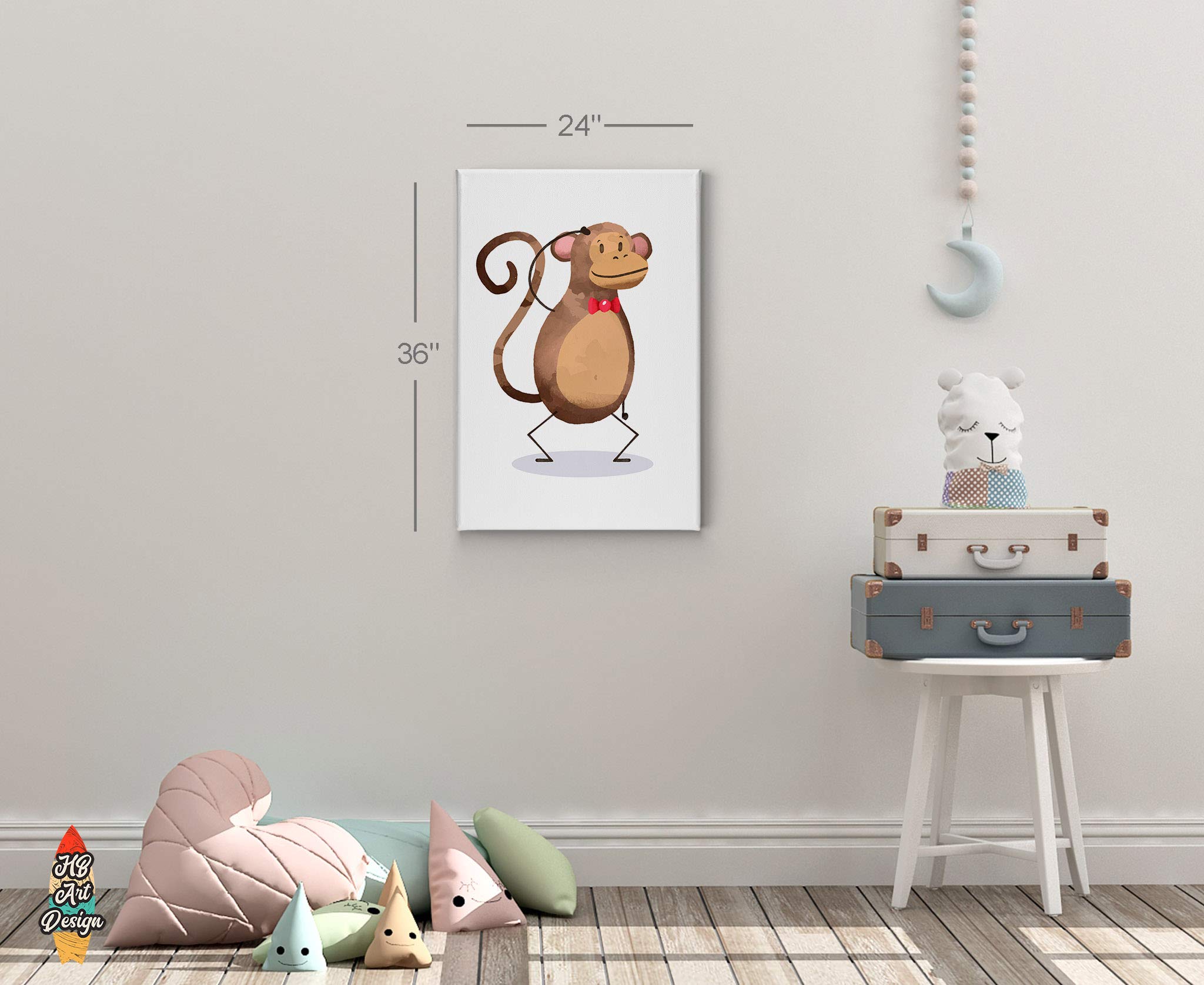 Handmade Monkey Painting Nursery Wall Art - 40x30 Inch Canvas Print for Baby Girl & Boy Room Decor - Framed & Ready to Hang - USA Made - Perfect for Kids Bedroom, Playroom & Baby Shower Gifts