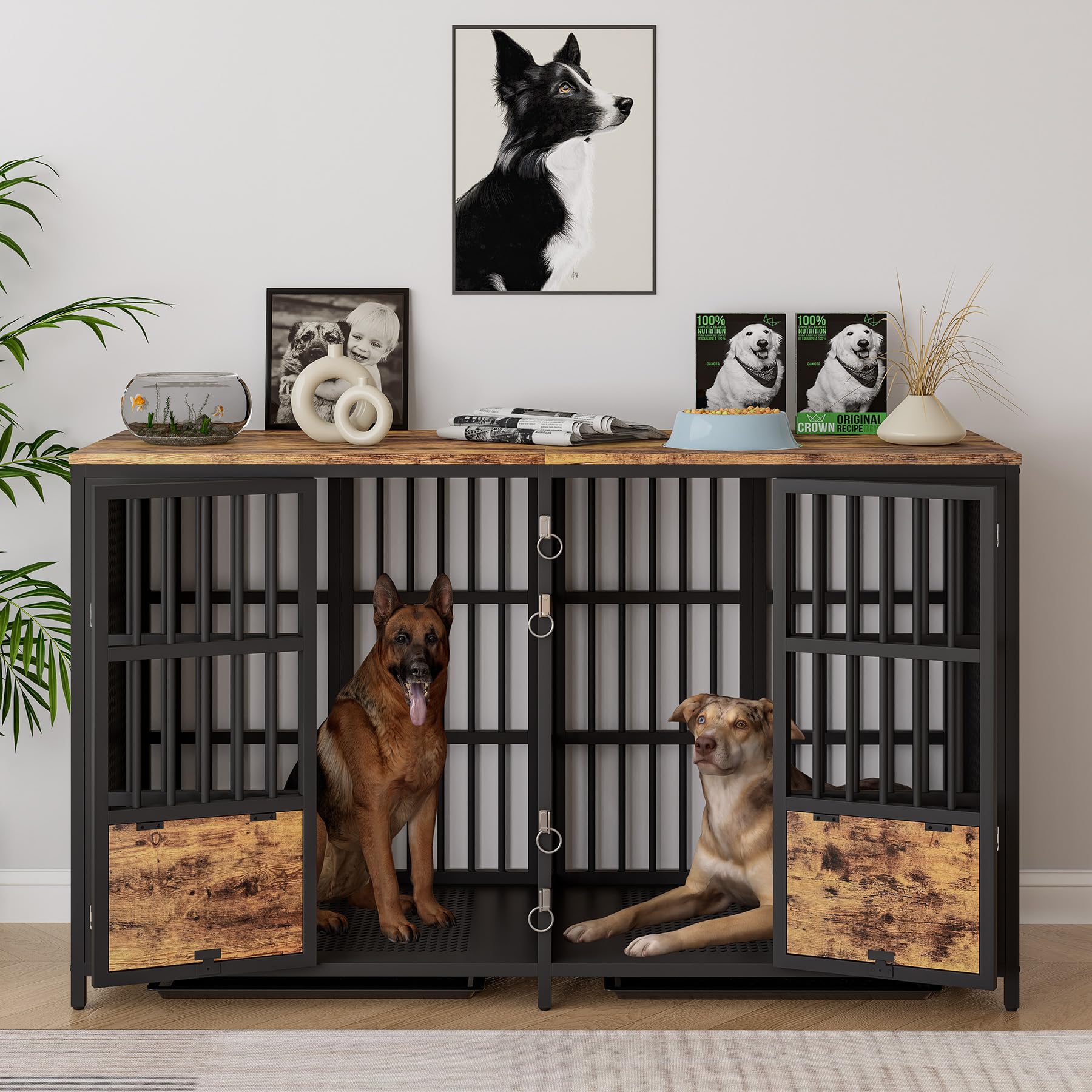 BOINN 63 Inch Large Dog Crate Furniture - Heavy Duty Double Dog Kennel with Divider & Removable Trays for Medium to Large Dogs | Perfect for Living Room, Bedroom or Office Pet Containment