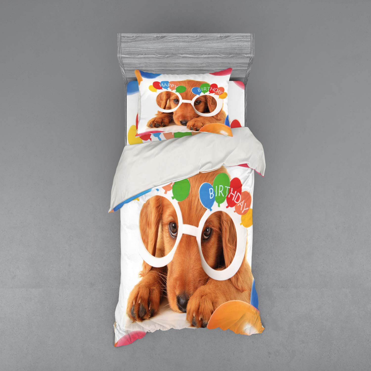 Ambesonne Birthday Party Bedding Set - 3 Piece Duvet Cover with Sham & Fitted Sheet, Twin Size, Celebration Puppy Dog with Glasses & Balloons Design, Multicolor | Perfect for Kids' Birthday Parties, Sleepovers & Themed Bedroom Decor