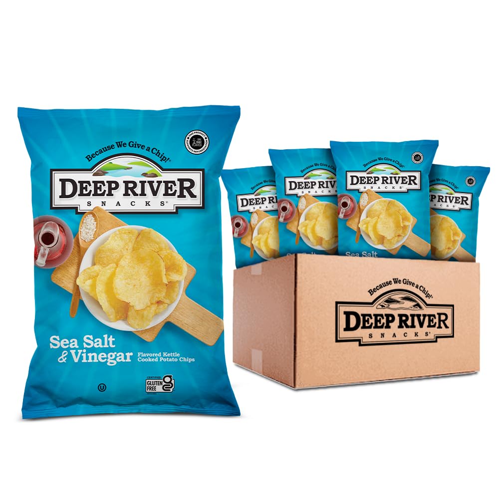 Deep River Snacks Sea Salt & Vinegar Kettle Cooked Potato Chips - Gluten Free, Non-GMO, 5 Oz (Pack of 12) - Perfect for Parties, Snacking & Lunch Boxes