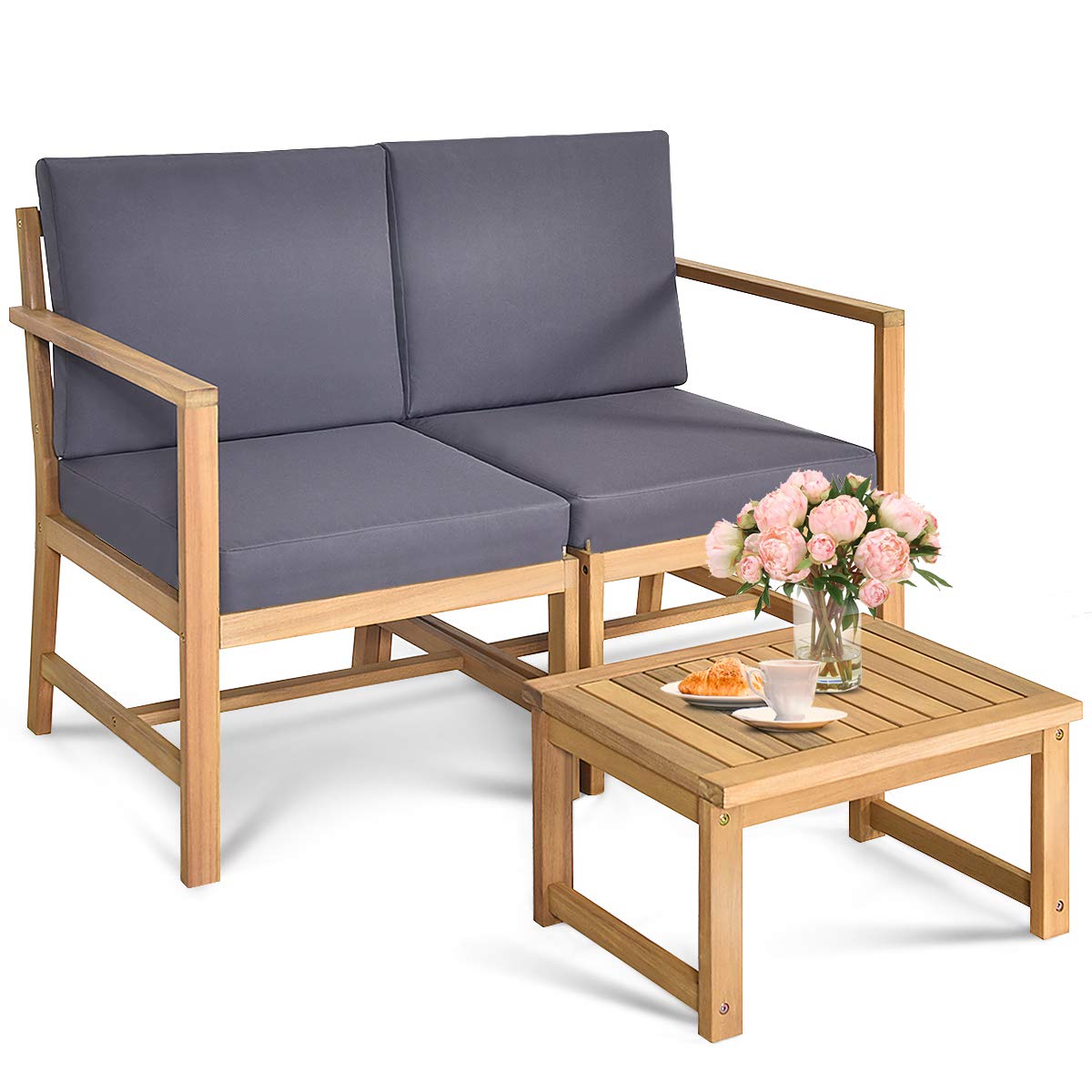 Tangkula 3-in-1 Acacia Wood Loveseat with Removable Coffee Table - 3-Piece Outdoor Patio Furniture Set with Cushions - 2-Seater Garden Bench for Backyard, Balcony, Poolside & Deck (Natural Teak) - Perfect for Relaxing, Entertaining & Outdoor Dining