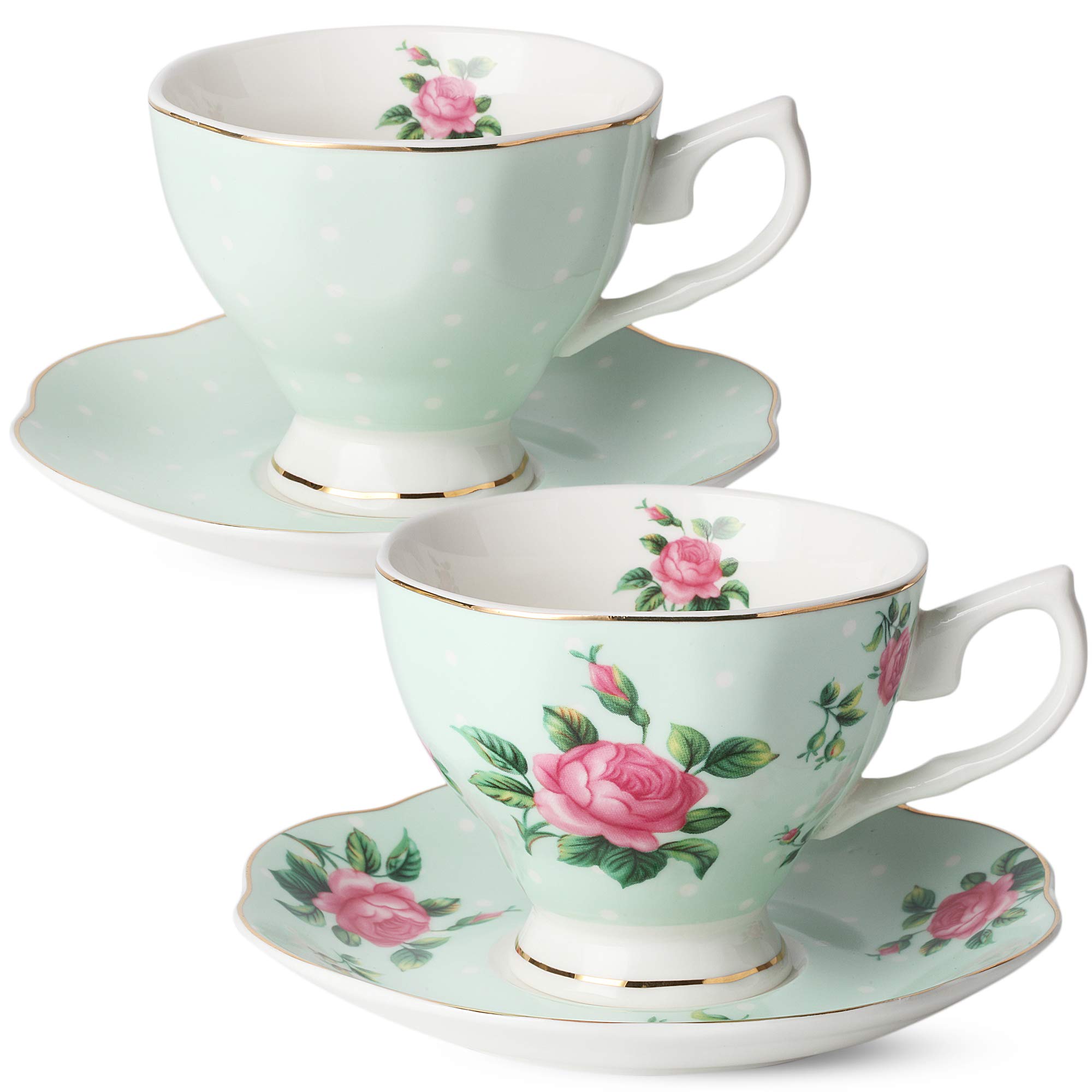BTaT Floral Tea Cups and Saucers Set of 2 - 8oz Porcelain Coffee Cups with Gold Trim, British Style Tea Set for Women, Perfect for Afternoon Tea, Mother's Day Gift, Bridal Shower or Home Decor