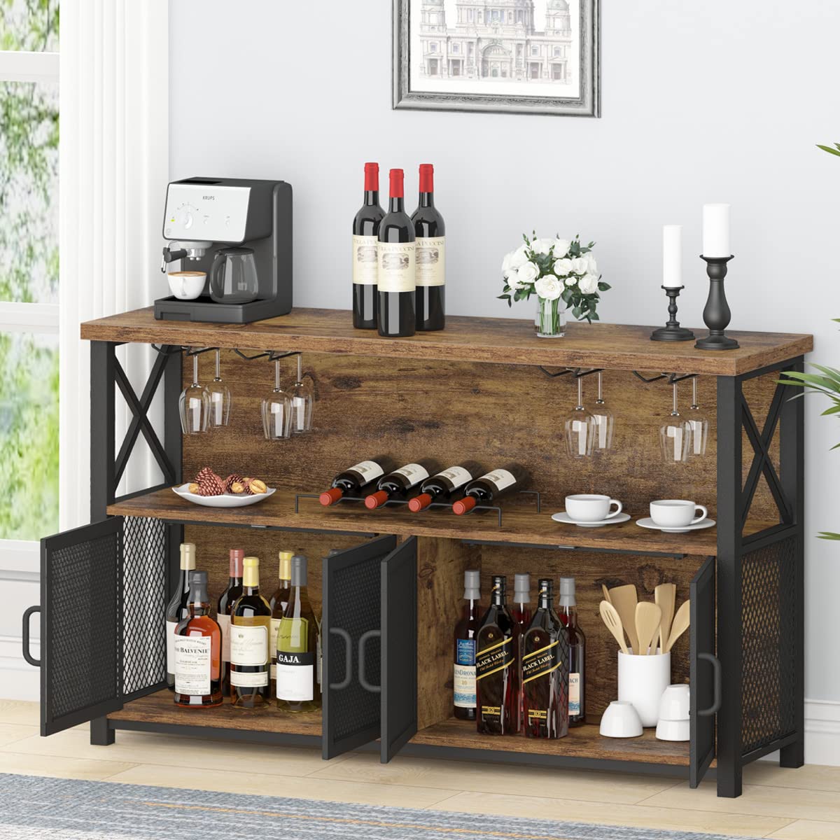 LVB Industrial Coffee Bar Cabinet - Farmhouse Wine Bar Cabinet for Liquor & Glass Storage - Rustic Brown 47