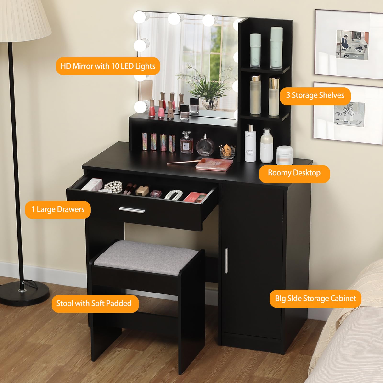 USIKEY Makeup Vanity Desk with LED Lights & Mirror - 3-Tier Storage Vanity Table with Drawer, Cabinet & Stool - Elegant Black Dressing Table for Bedroom, Perfect for Makeup Application & Beauty Organization