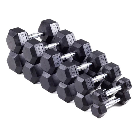 Hexagonal Rubber Dumbbells - 3lb to 125lb Weight Options for Home Gym & Strength Training