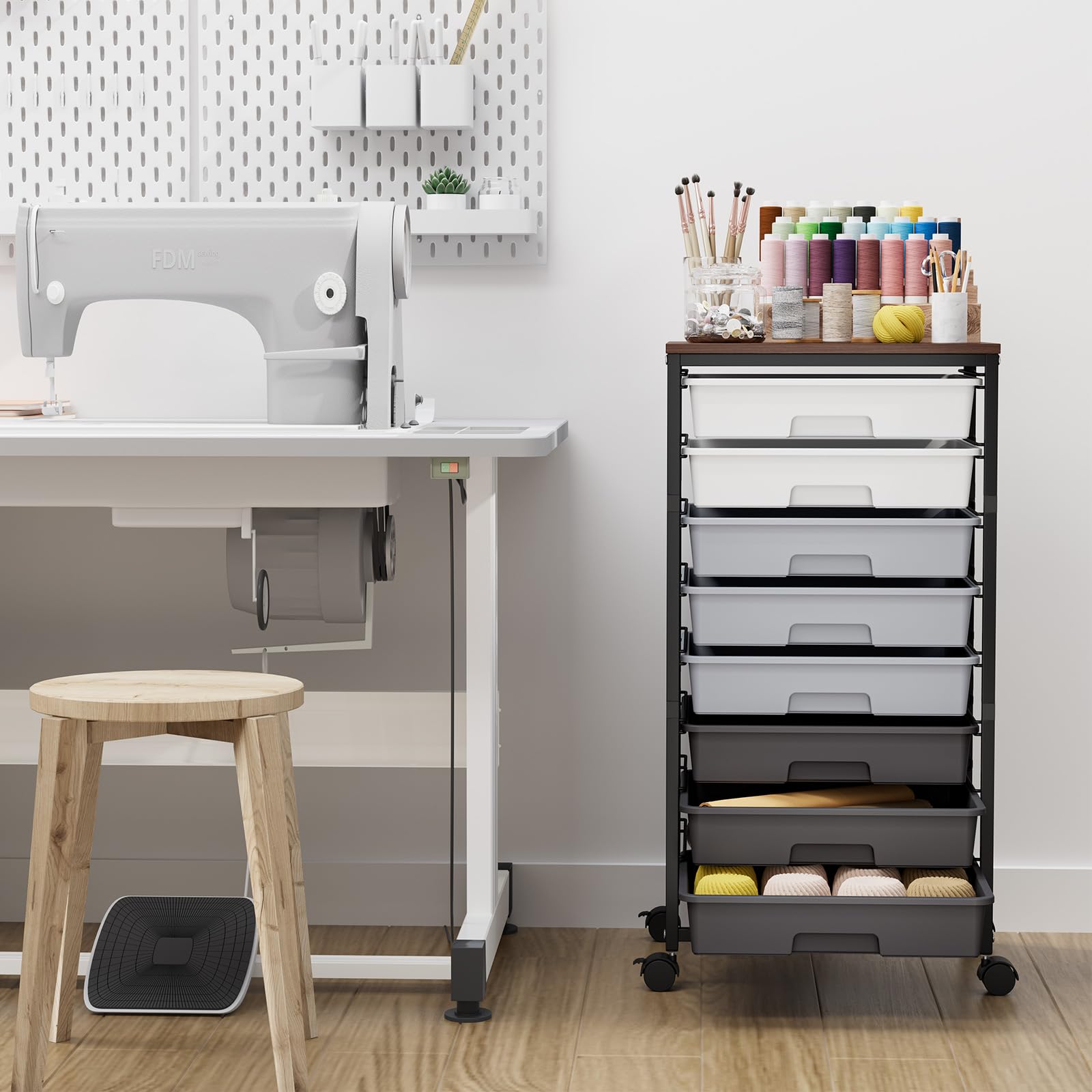 8-Drawer Rolling Storage Cart with Wooden Top - Mobile Organizer for Office, Classroom & Craft Storage