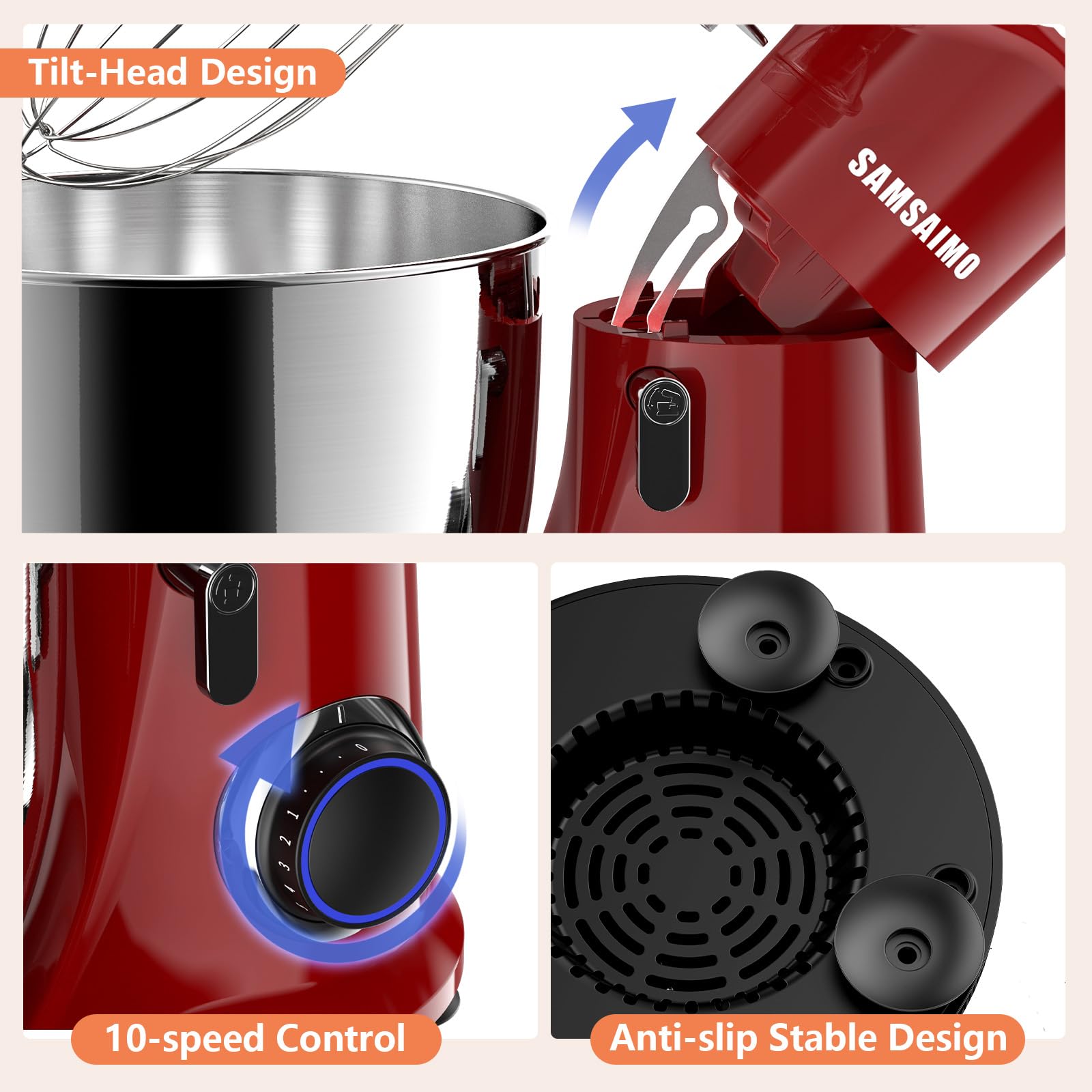 660W 10-Speed 3-in-1 Electric Stand Mixer with Pulse Button - Includes 6.5QT Stainless Steel Bowl, Dough Hook, Beater & Whisk - Perfect for Baking Cakes, Cookies, Bread & More - Empire Red Kitchen Mixer for Home Bakers
